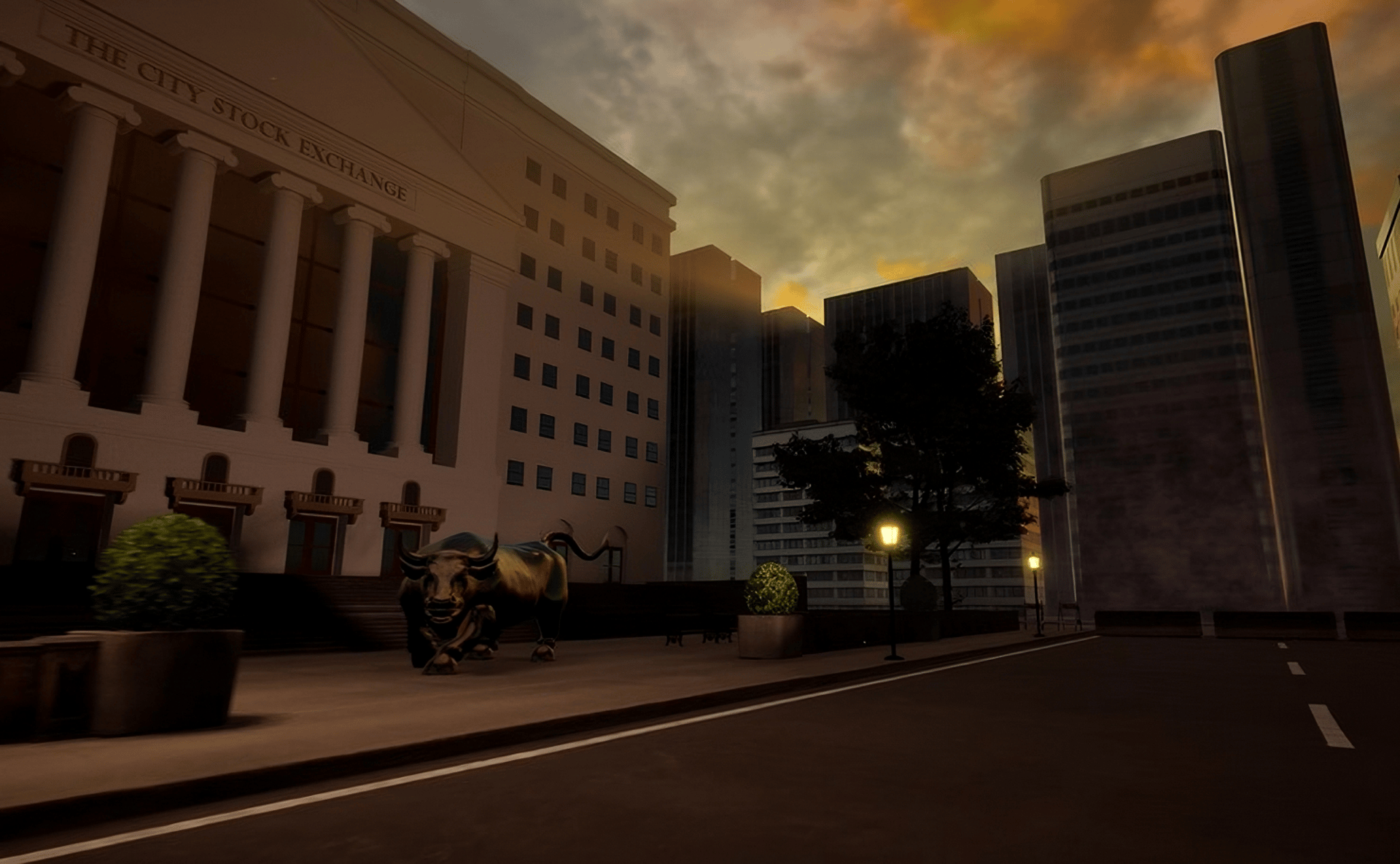 Coded Black gameplay screenshot showing a city stock exchange.
