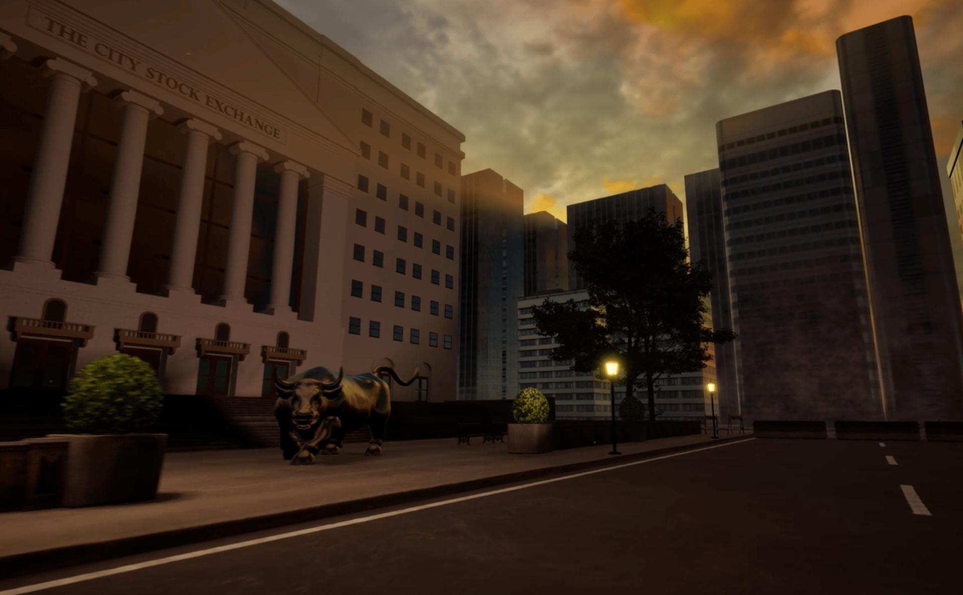 Coded Black gameplay shot showing the city stock exchange and a city street.