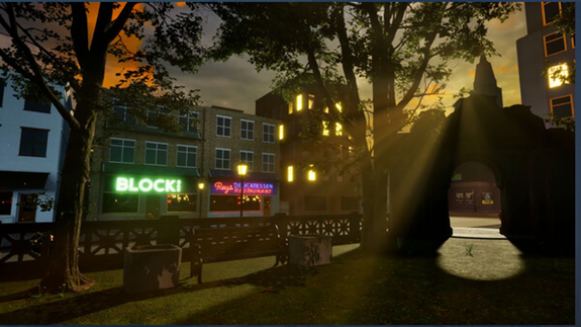 Coded Black gameplay screenshot showing a city scene and a park lit with rays of sunlight.