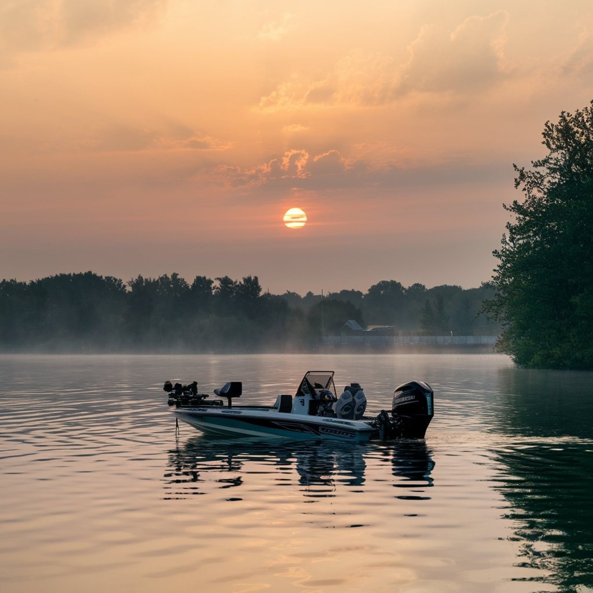 Bass boat on the lake at dawn