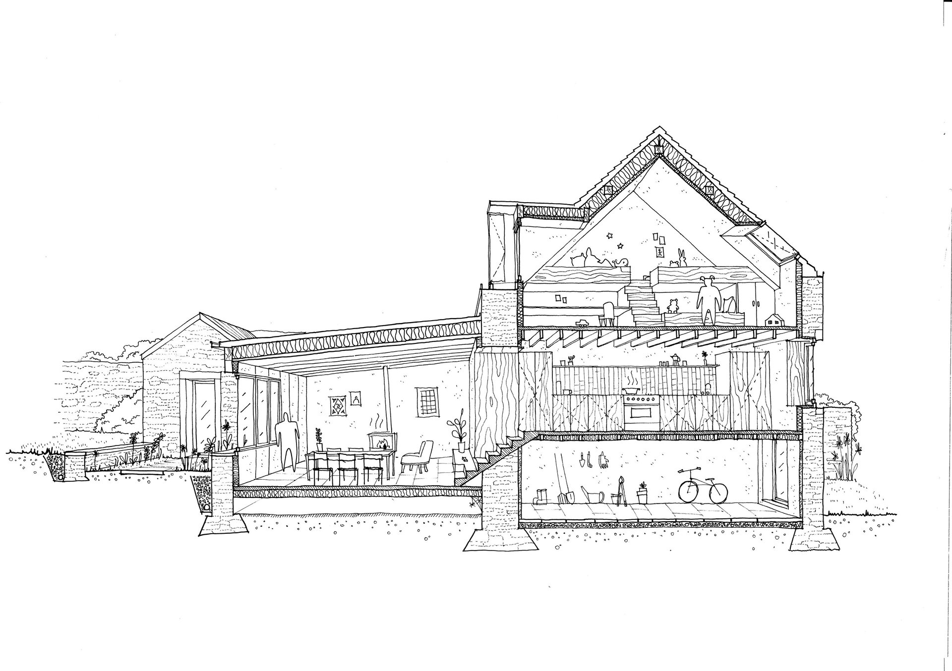 Croquis à la main coupe perspective d'une maison individuelle, une rénovation d'une maison en pierre