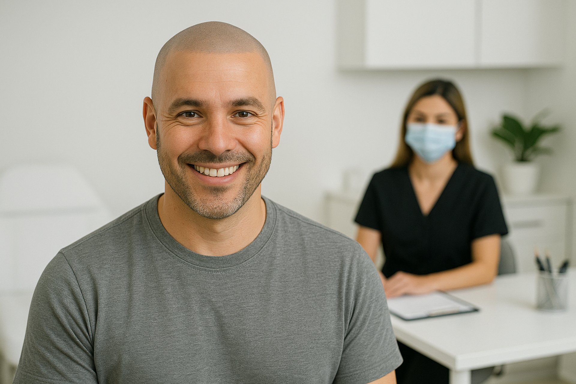 a man with a bald head wearing a black and white shirt