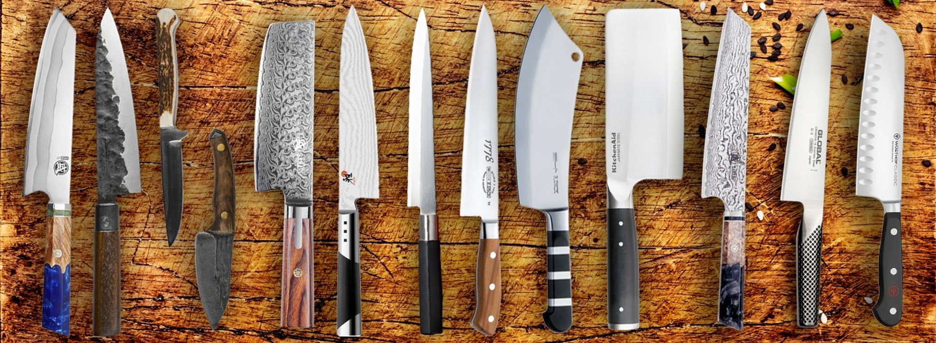 a wooden board surrounded by knives on a table