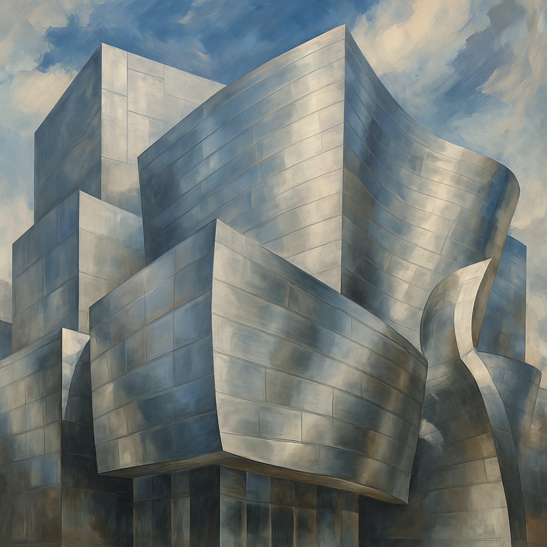 an abstract photo of a curved building with a blue sky in the background
