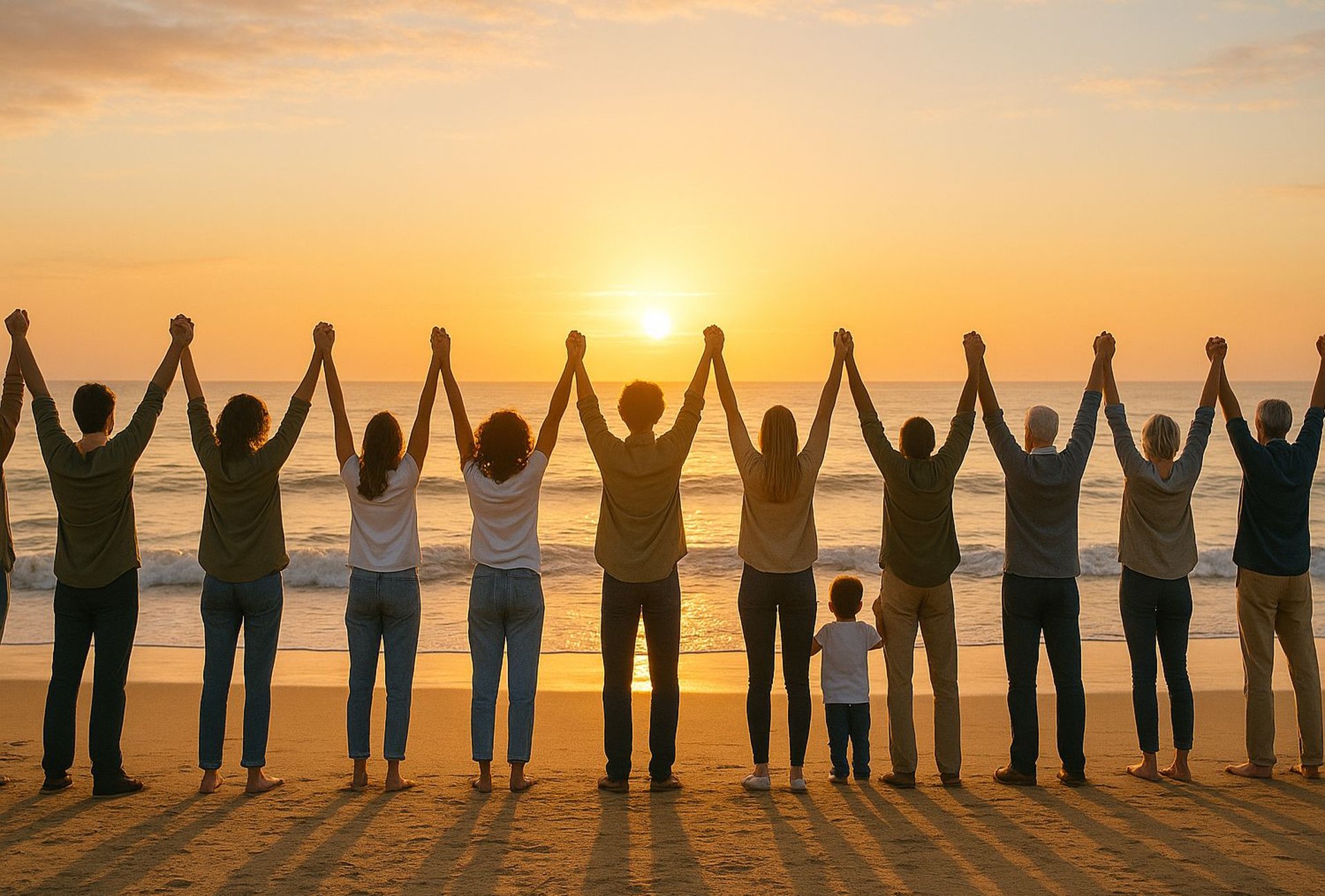 a group of people standing on top of a sandy beach
