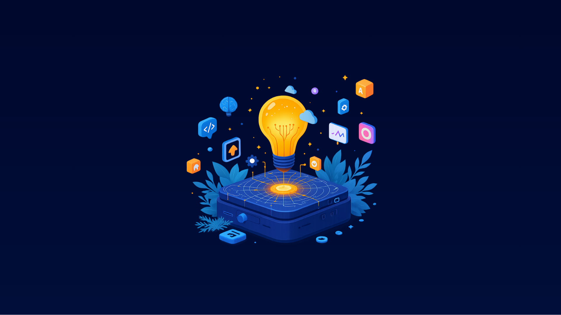 Ilustración futurista de inteligencia artificial con foco de luz y elementos digitales.