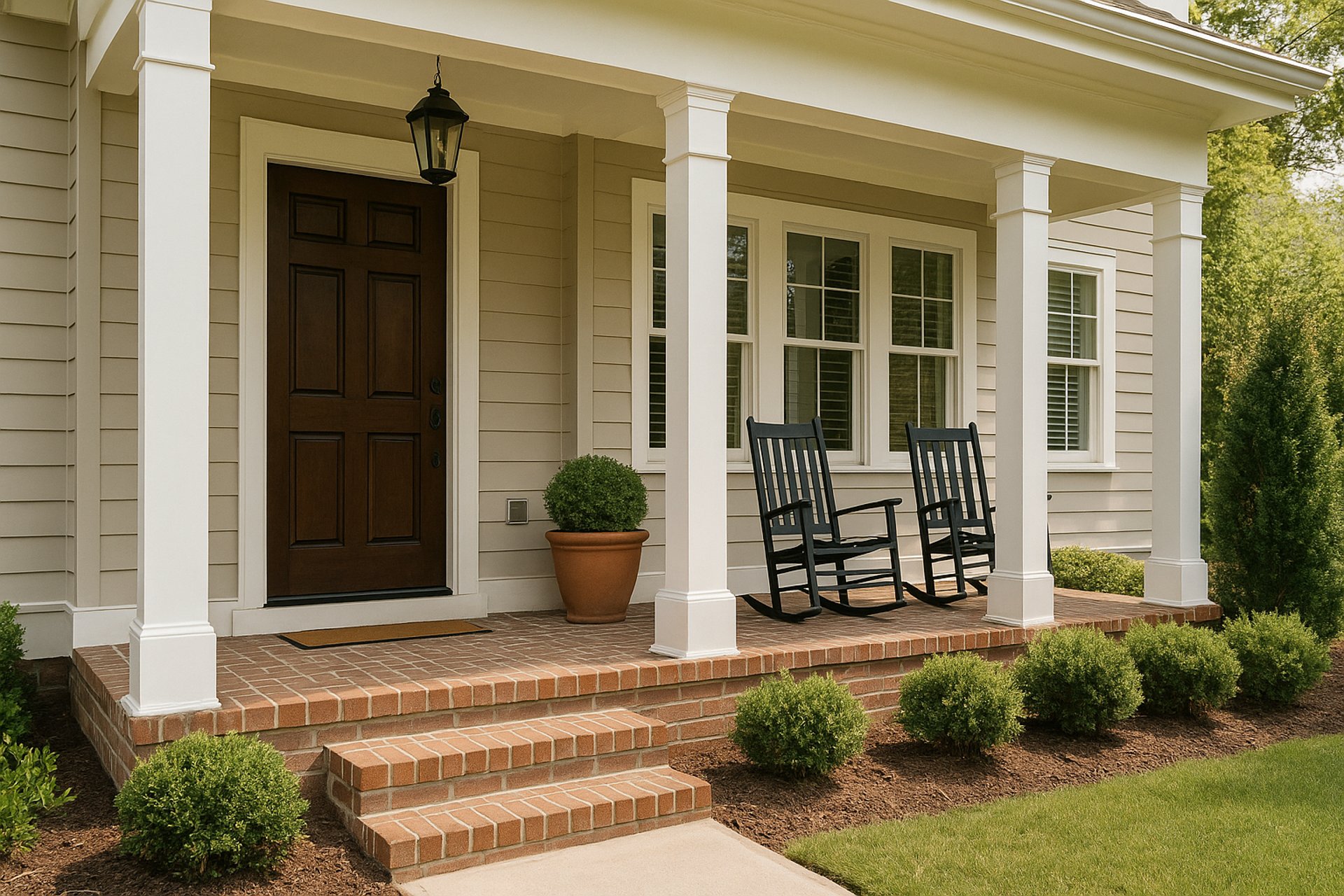 a porch with two chairs and a table on it