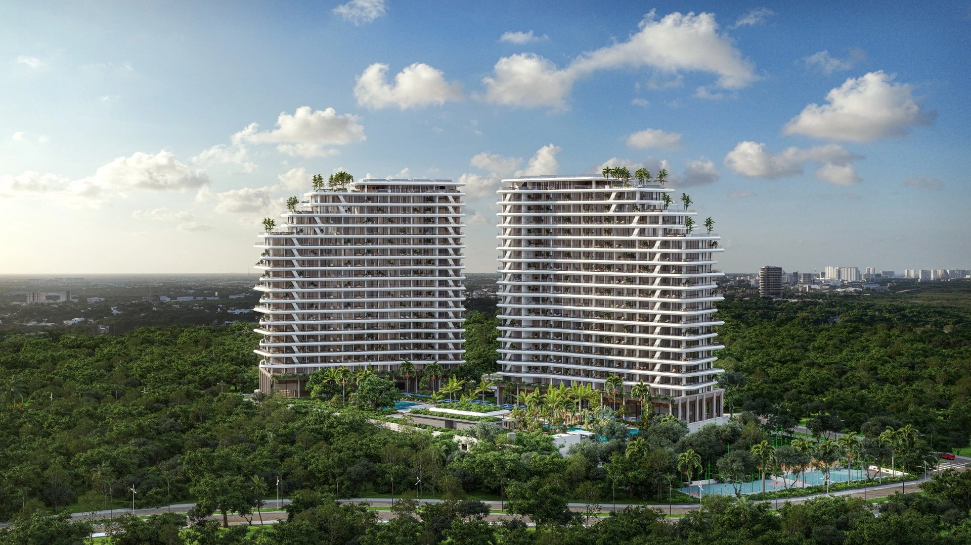 an abstract photo of a curved building with a blue sky in the background