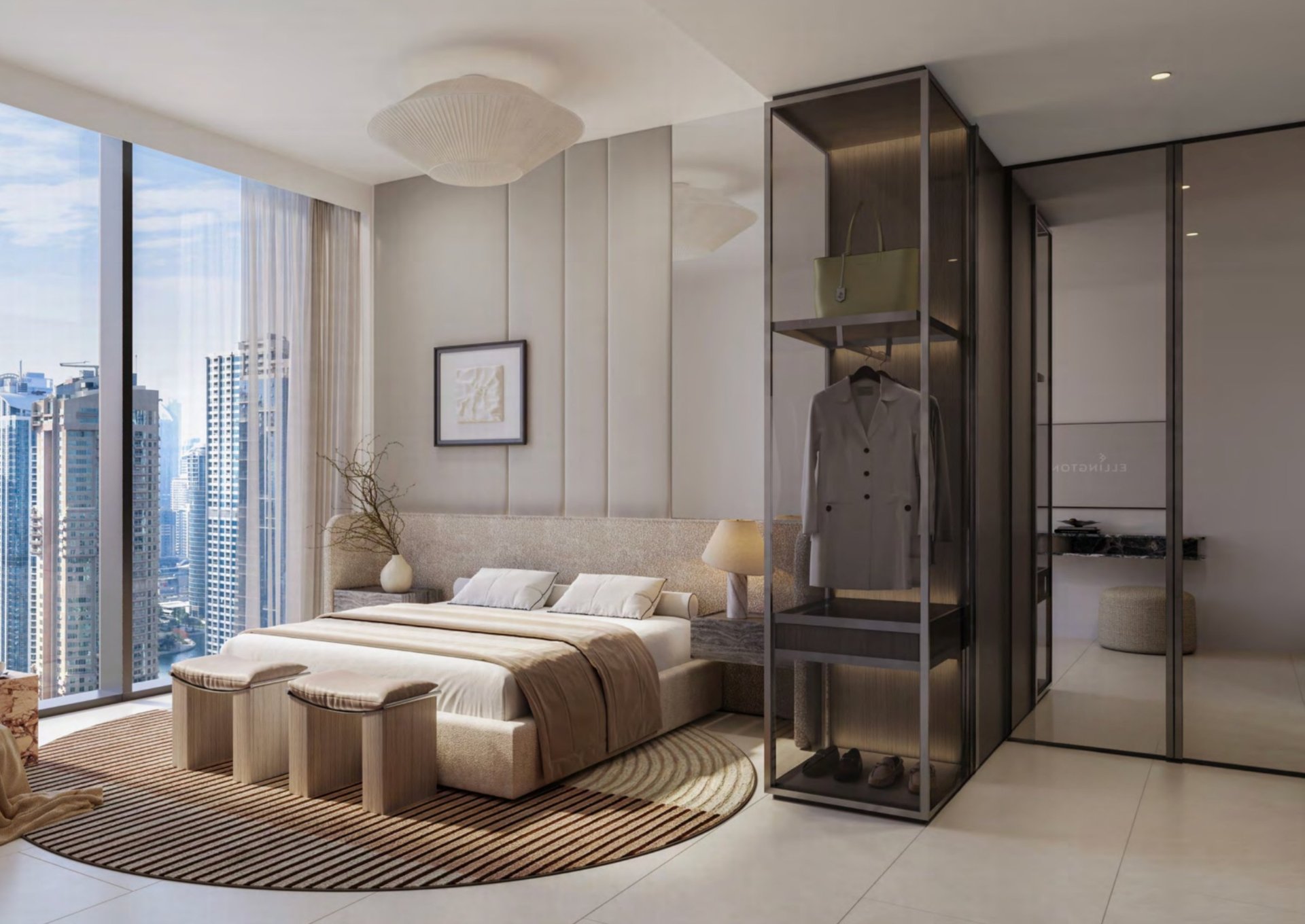 An aerial view of a city with boats in the water