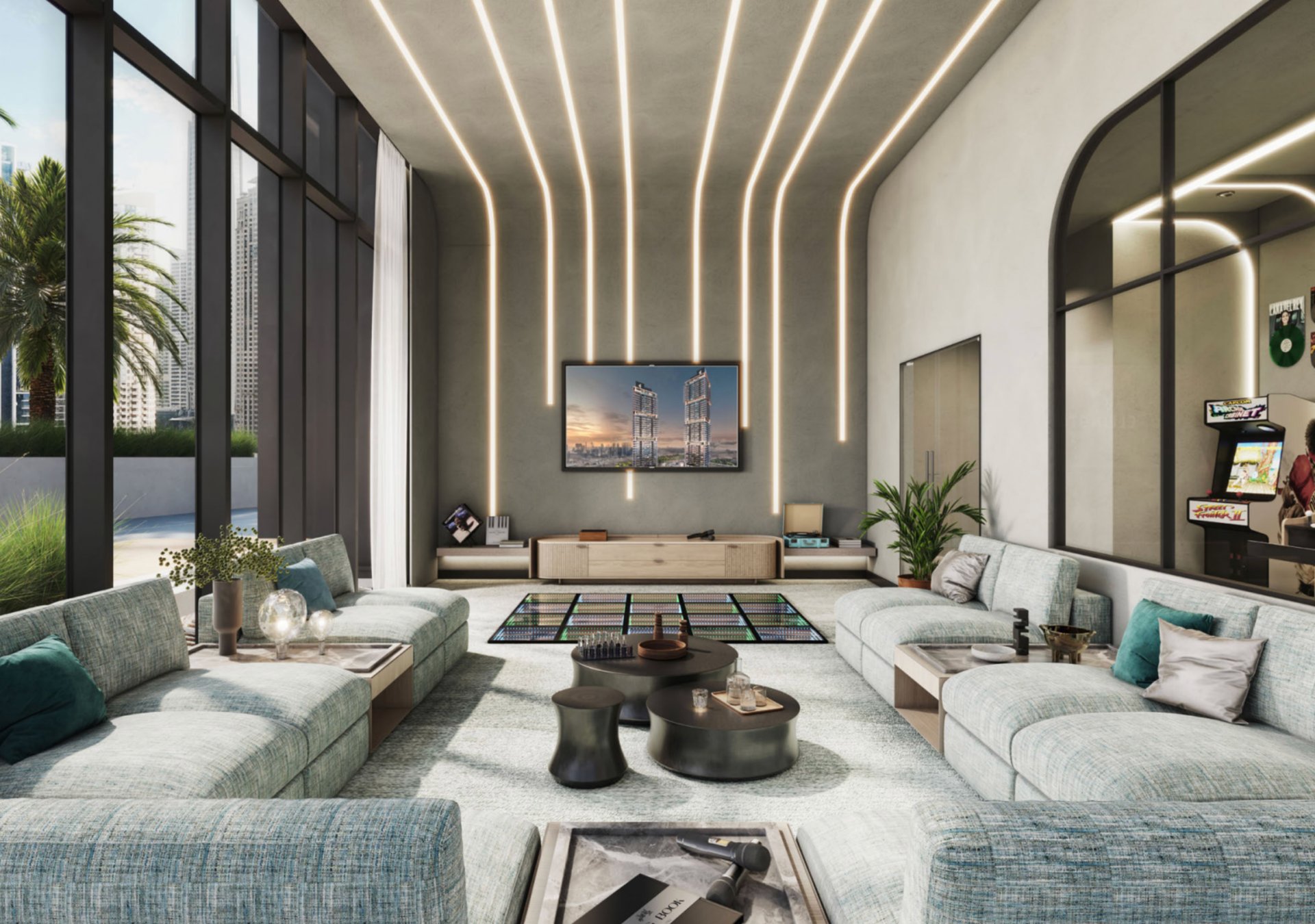 An aerial view of a city with boats in the water