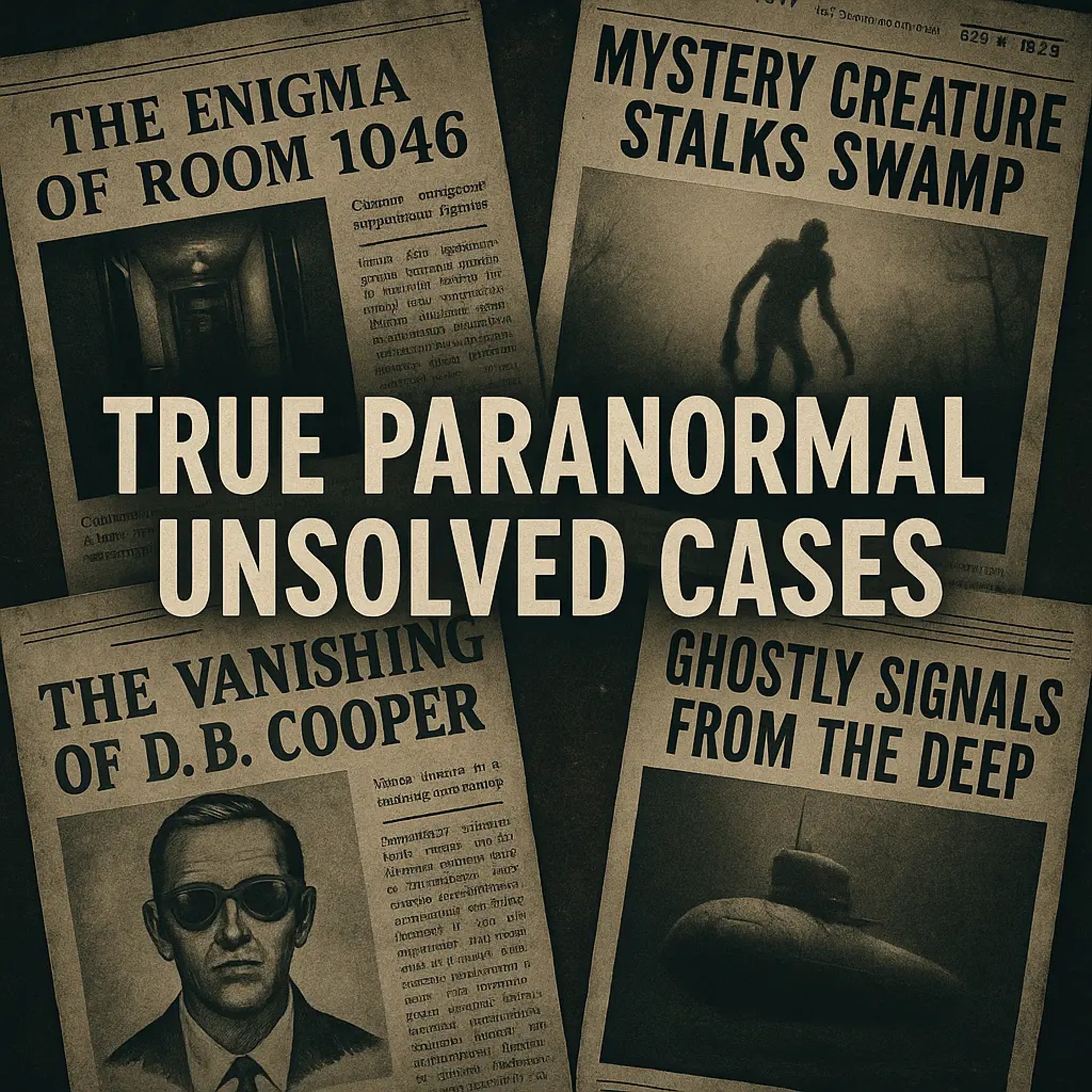 Dark surreal collage showing real-life paranormal unsolved cases with vintage newspaper clippings and eerie imagery, used as