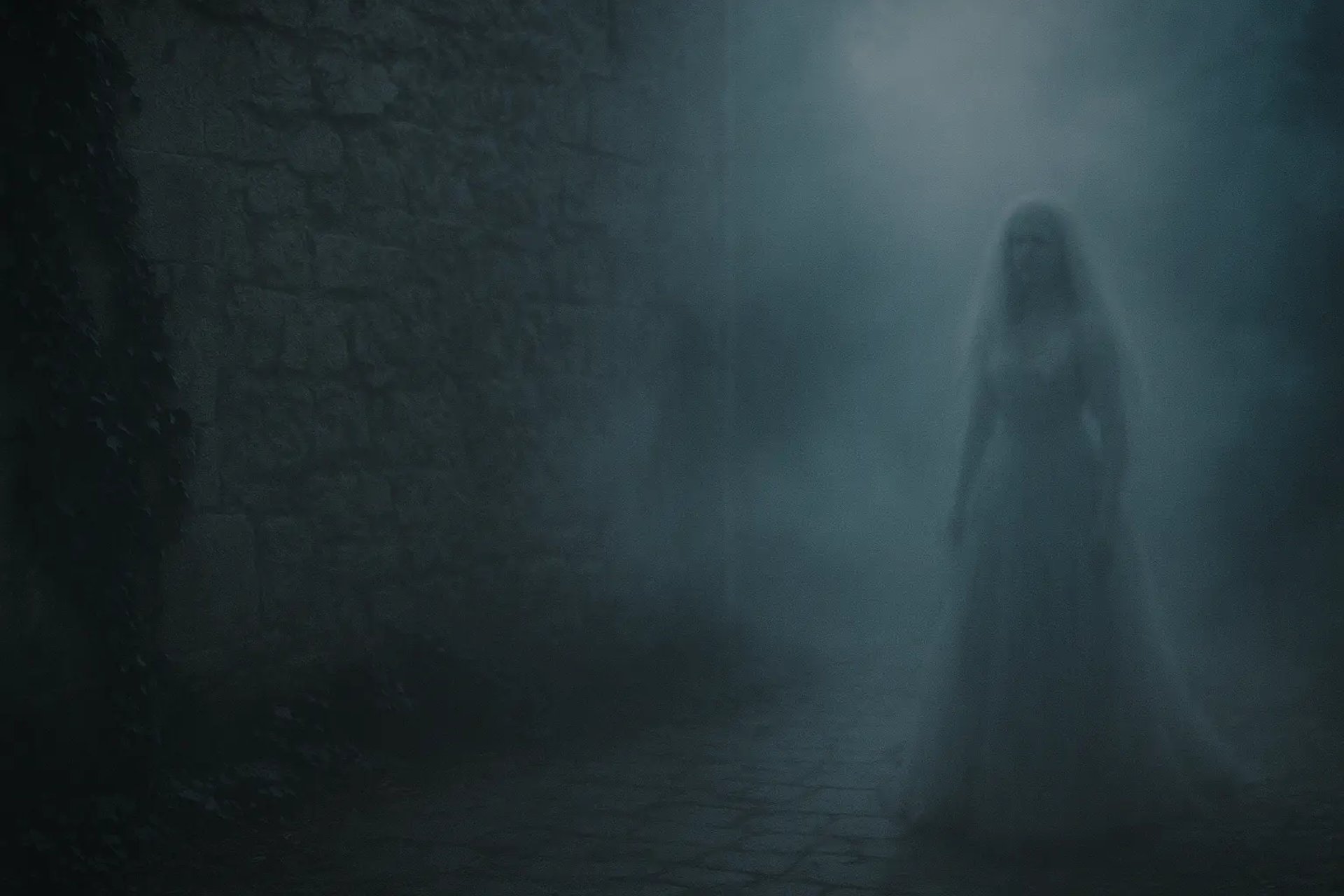 Haunted Bride Legend – Eerie Mist and Stone Wall at Dusk