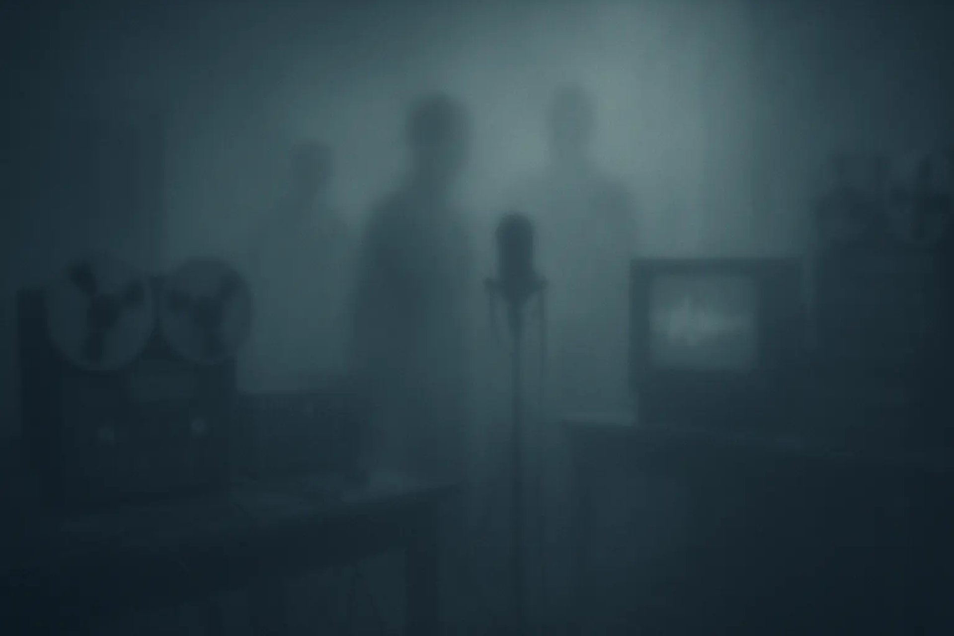 Ghostly figures in a vintage recording studio background.