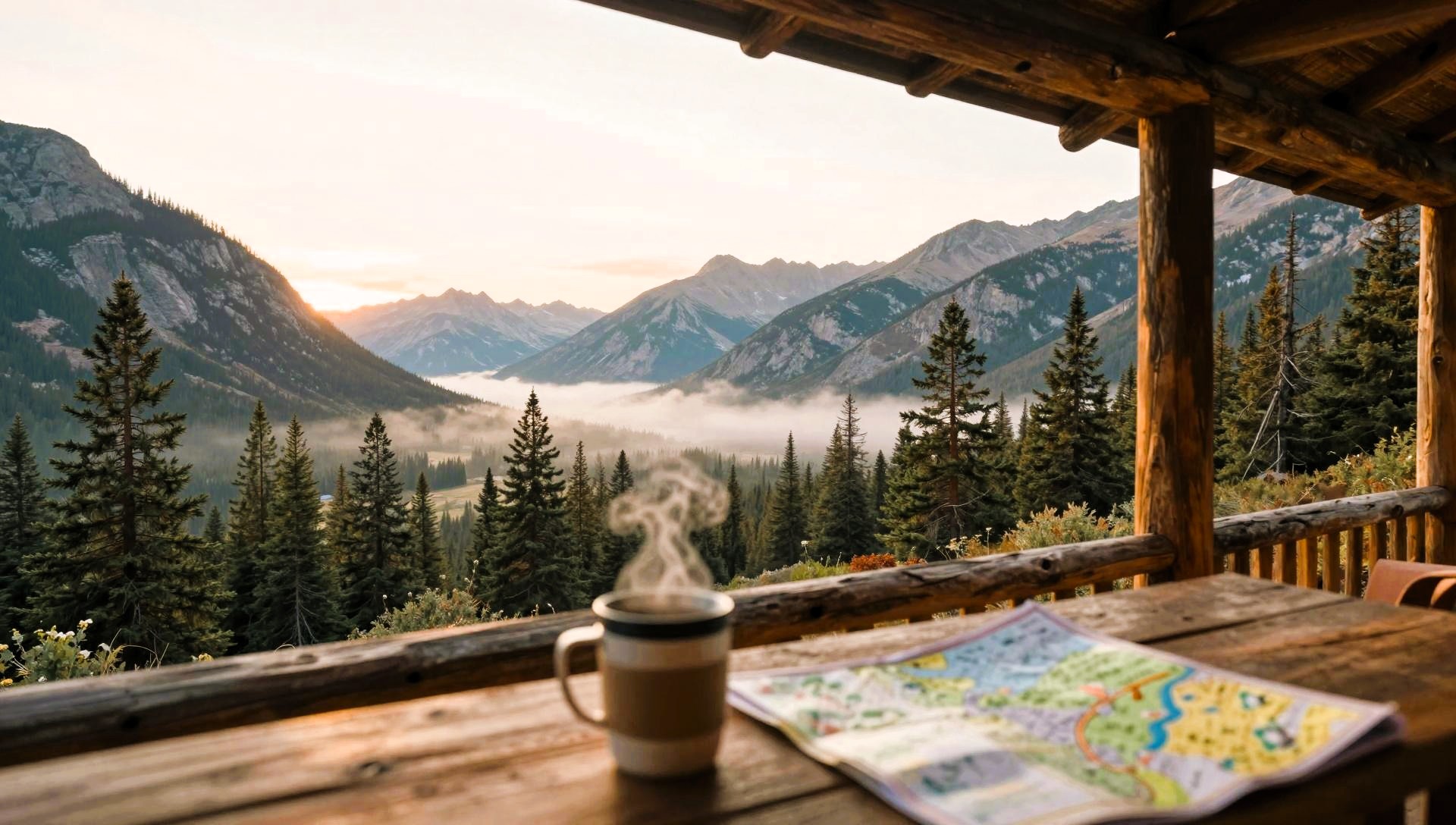 Wooden lodge porch overlooking misty mountains and pine trees with a travel mug and map in the foreground.