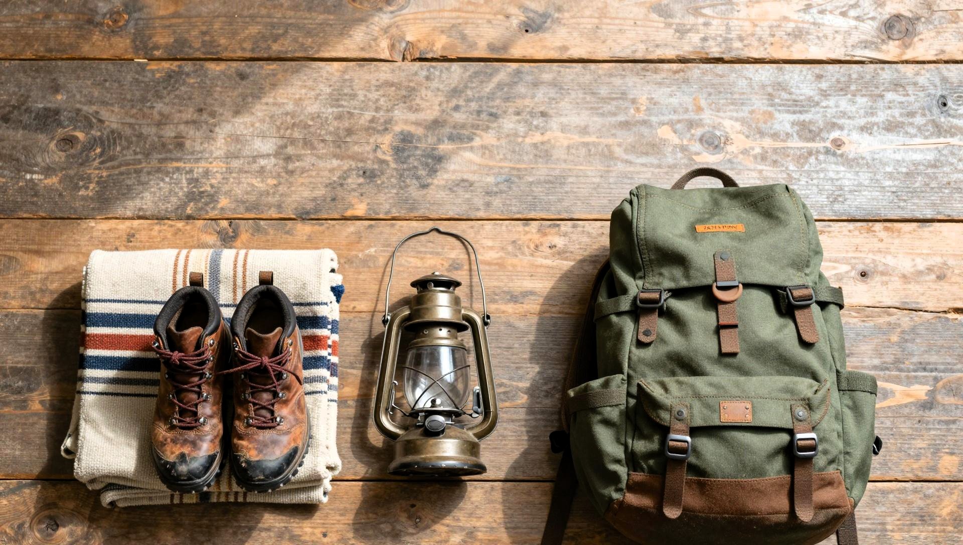 Flat lay of hiking boots, canvas backpack, and vintage lantern on a wooden floor for national park packing preparation.