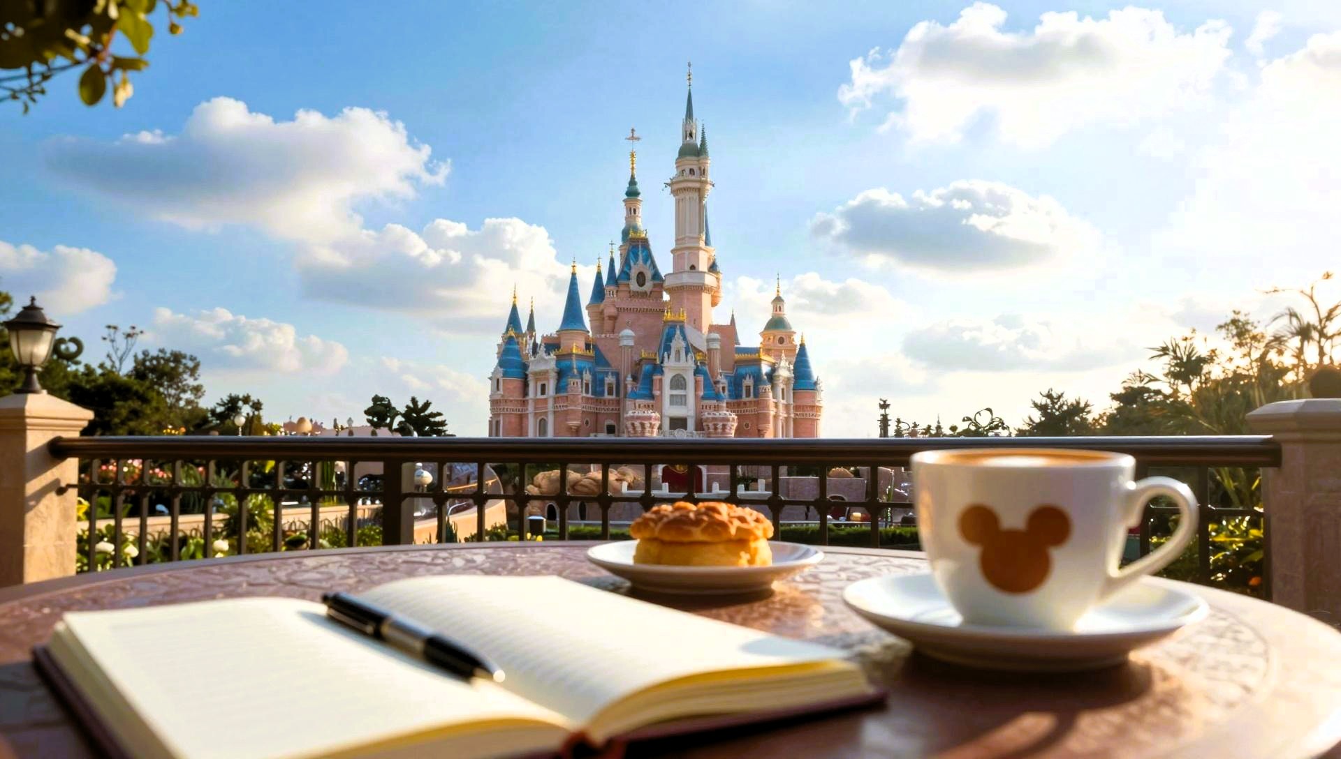 Breakfast table with planning notebook overlooking a fairytale castle for Disney vacation planning.