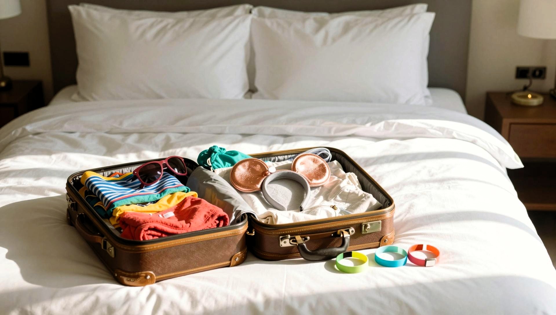 Open suitcase on a hotel bed filled with mouse ears, wristbands, and vacation clothes for Disney World packing.