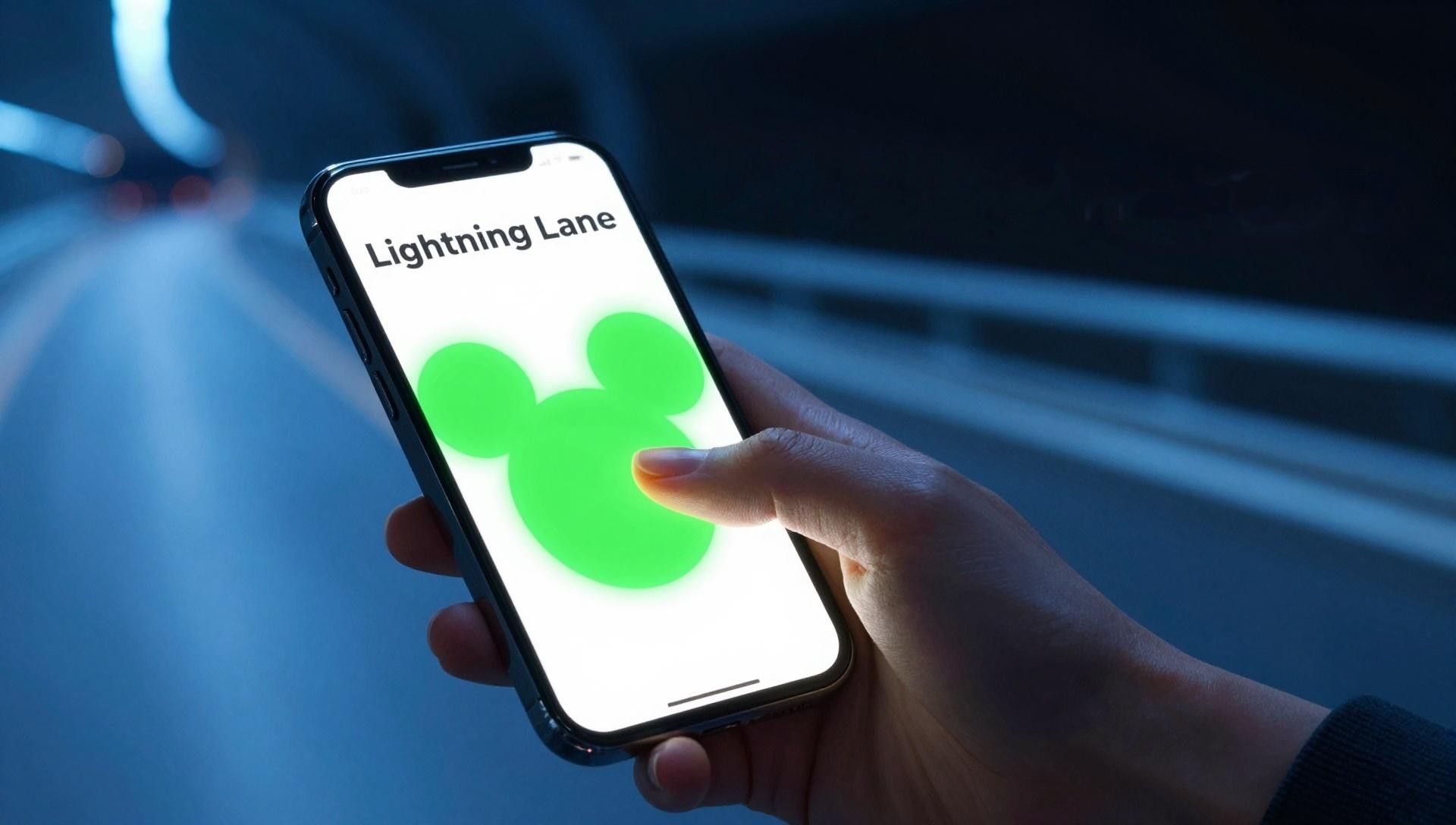 Hand scanning a smartphone at a Disney Lightning Lane touch point with the screen displaying Lightning Lane text.