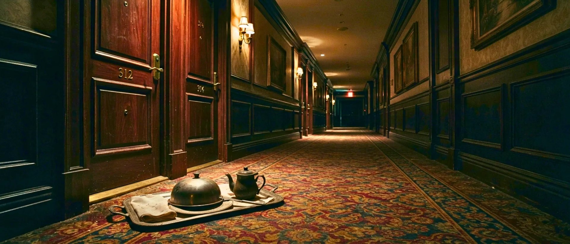 Dim, empty hallway in a luxury Disney World resort with an abandoned room service tray sitting on the floor.