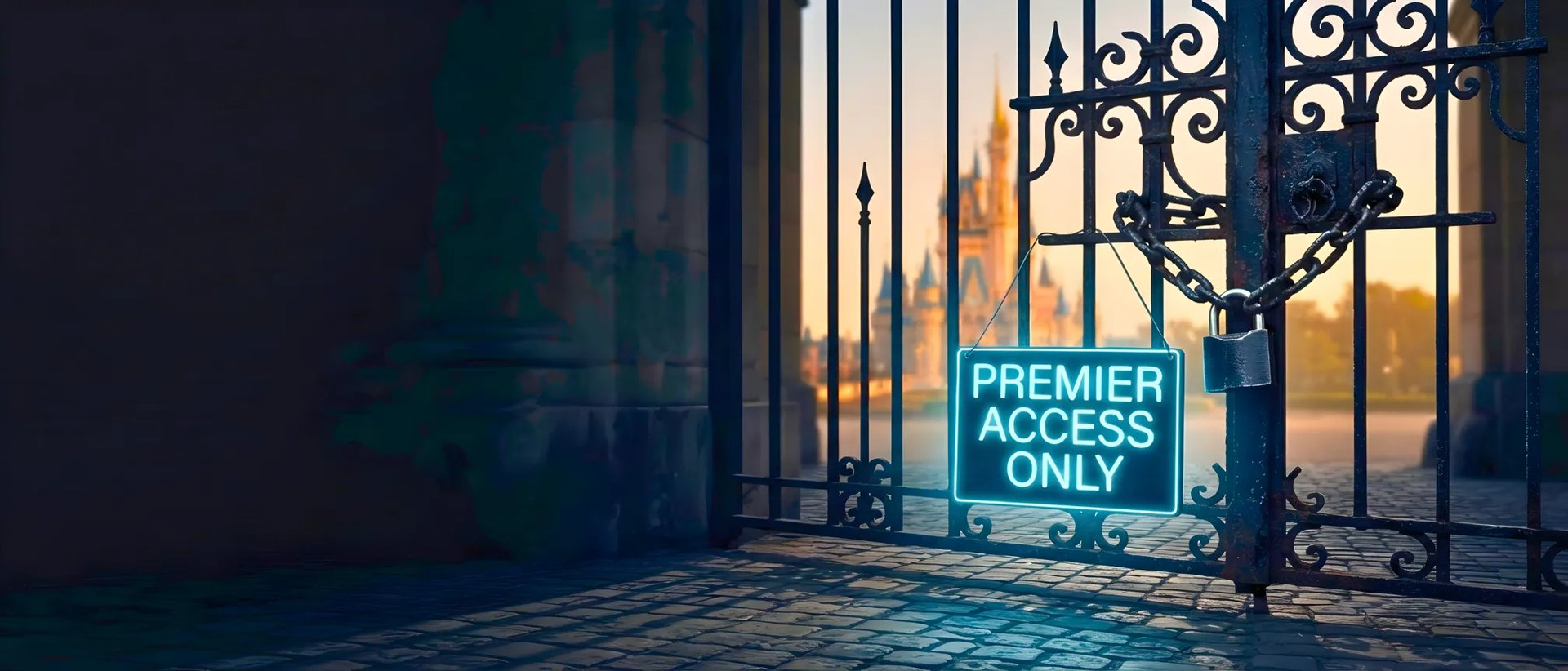 A locked wrought-iron gate with a neon 'Premier Access Only' sign blocking the view of a Disney theme park castle.