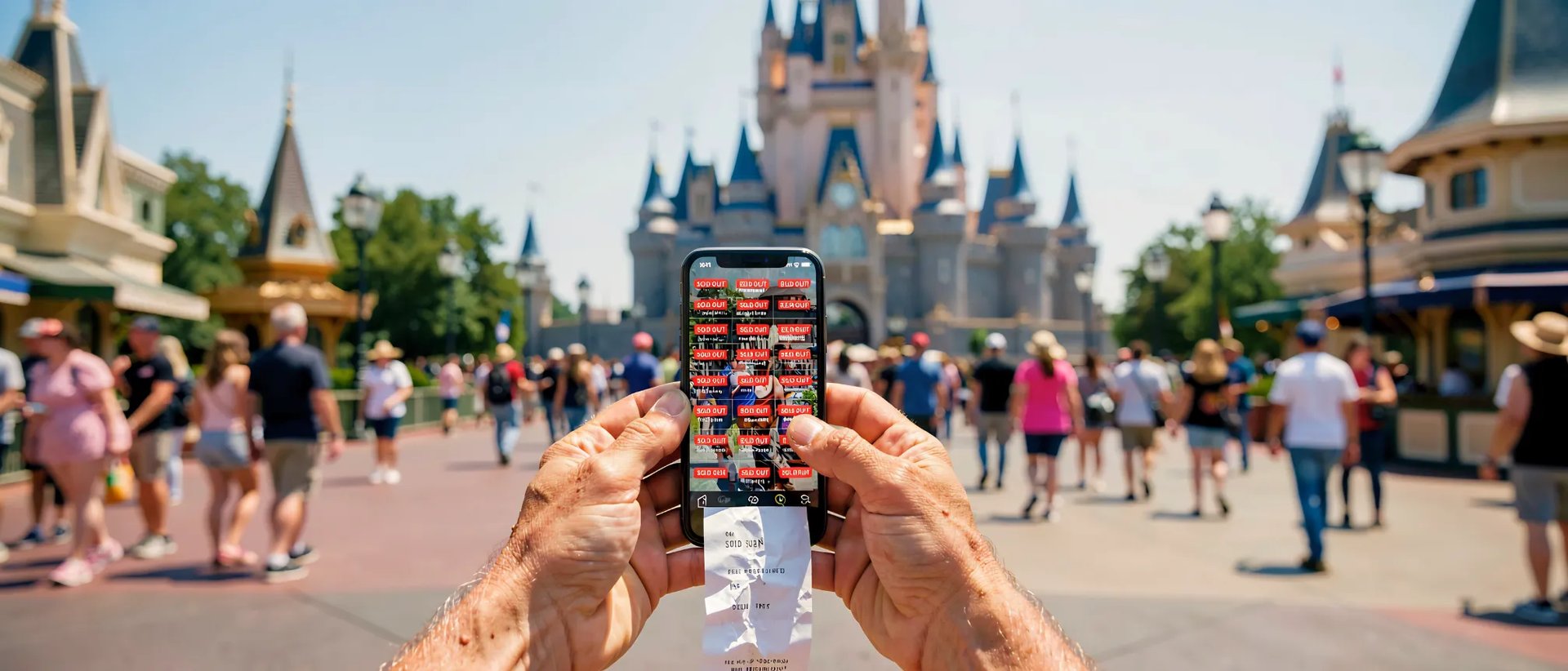 POV holding a smartphone at Disney World Castle, screen showing sold out notifications and a long receipt.