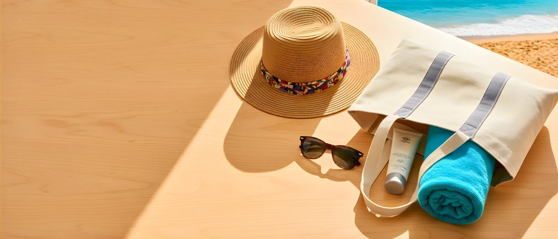 Flat lay of beach vacation essentials including a straw hat, canvas tote, towel, and sunglasses on a wooden surface.