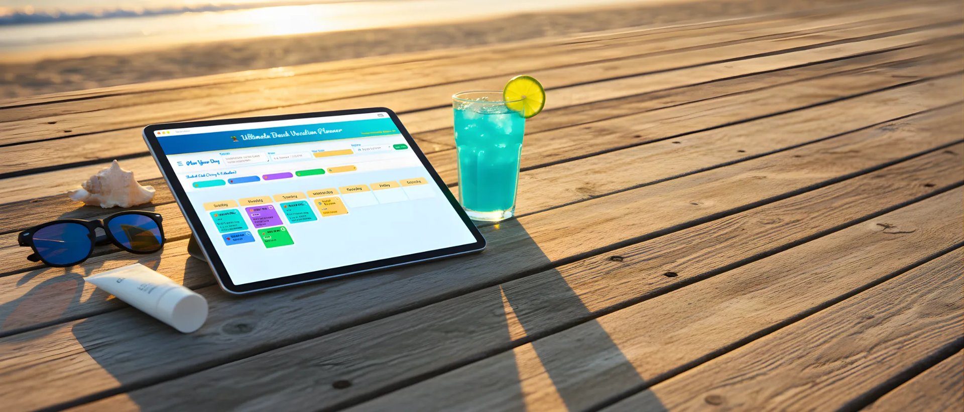 Tablet displaying a beach vacation planner website on a wooden deck with a tropical drink and sunscreen.