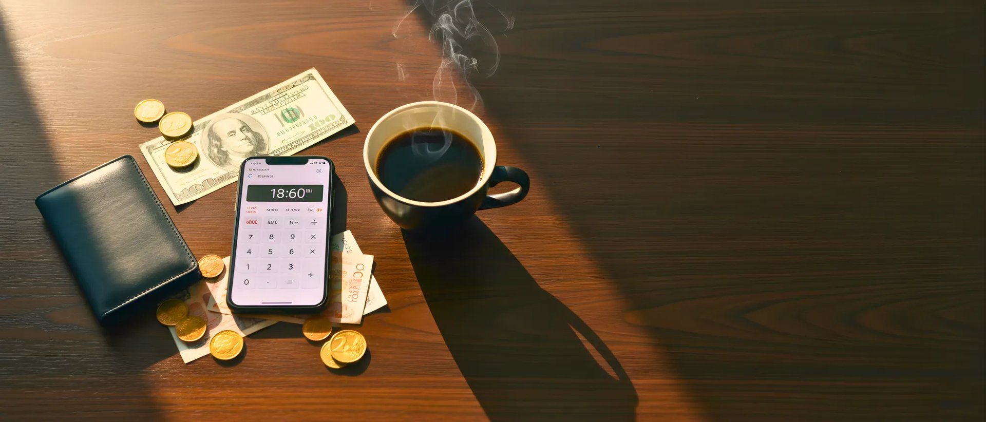 Flat lay of a smartphone calculator, coffee, and international currency on a wooden table for travel planning.
