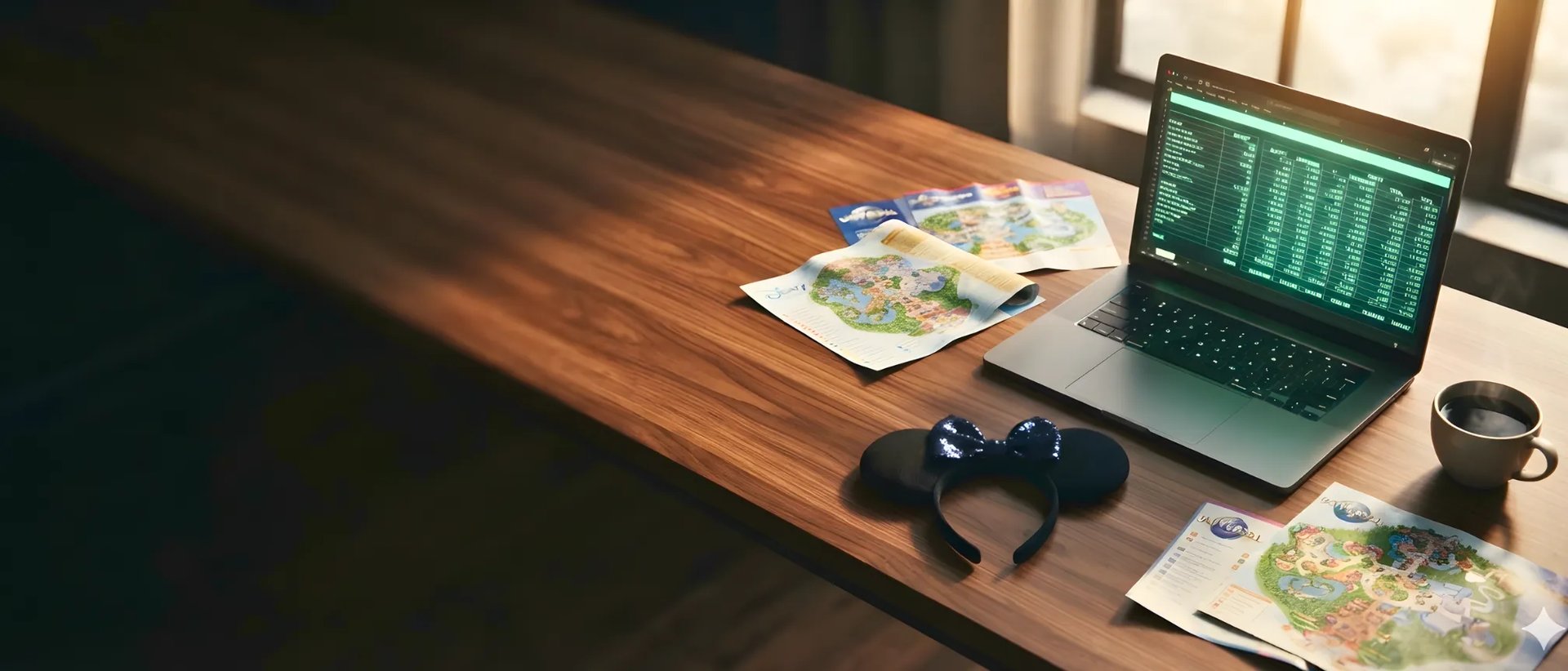 A wooden desk with a laptop showing a travel budget spreadsheet, surrounded by theme park maps and black mouse ears.