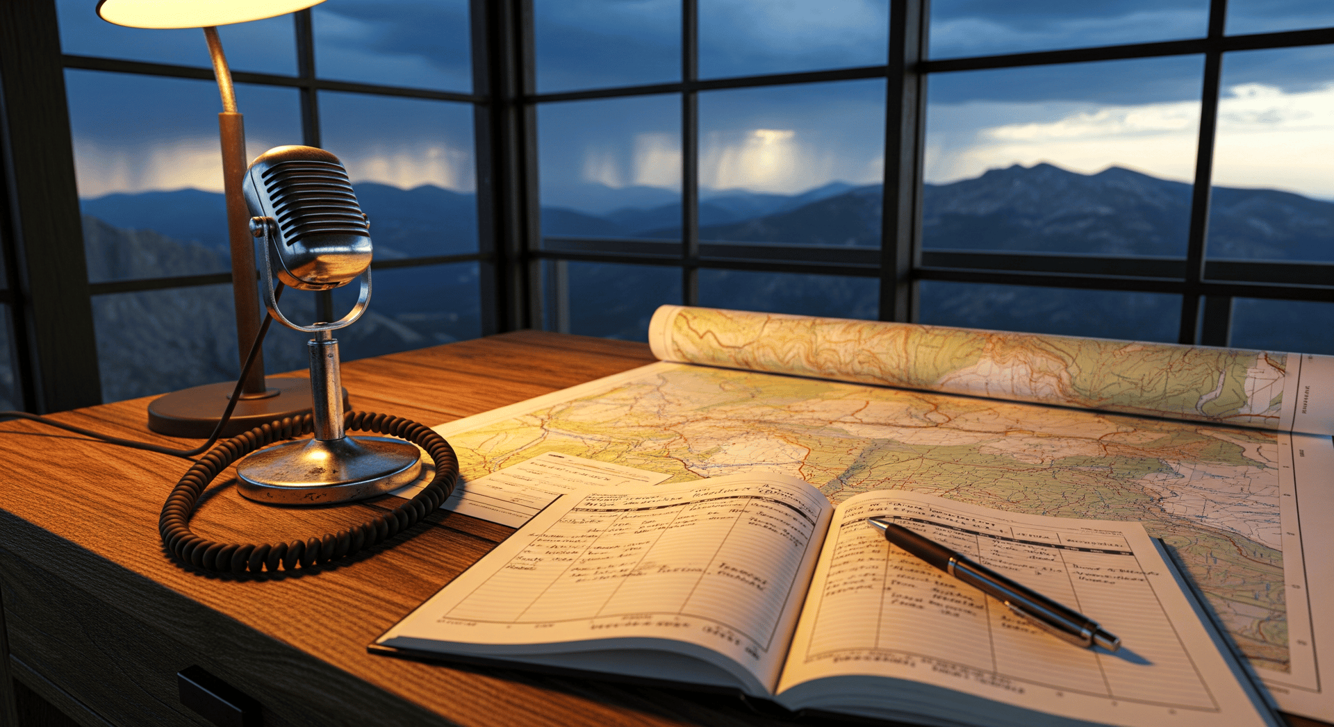 Ranger station desk with microphone, map, and logbook overlooking stormy mountains for real-time safety alerts.