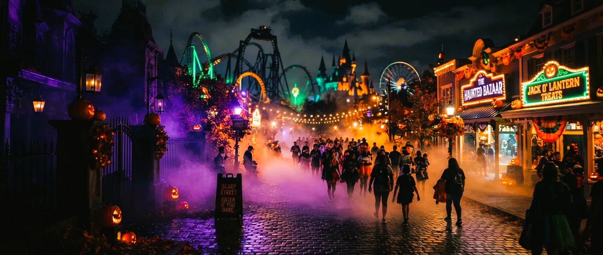 Theme park street at night filled with purple fog, glowing pumpkins, crowds, and neon Halloween signs.