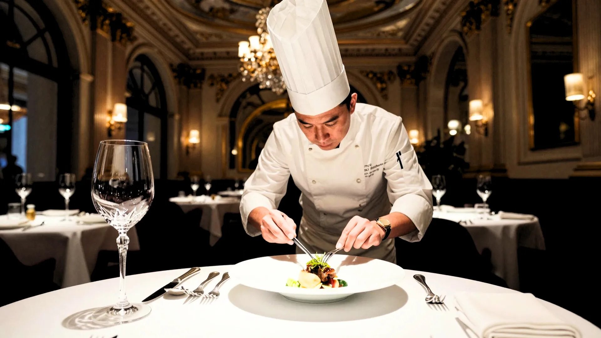 A chef plating a gourmet meal with tweezers, representing luxury dining at Disney parks.