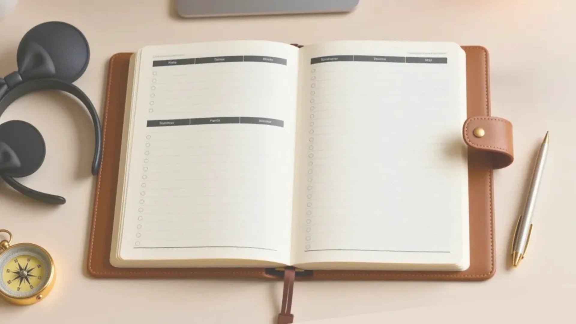 Open Disney vacation planner with Mickey ears and a travel compass for organizing your trip to Walt Disney World.