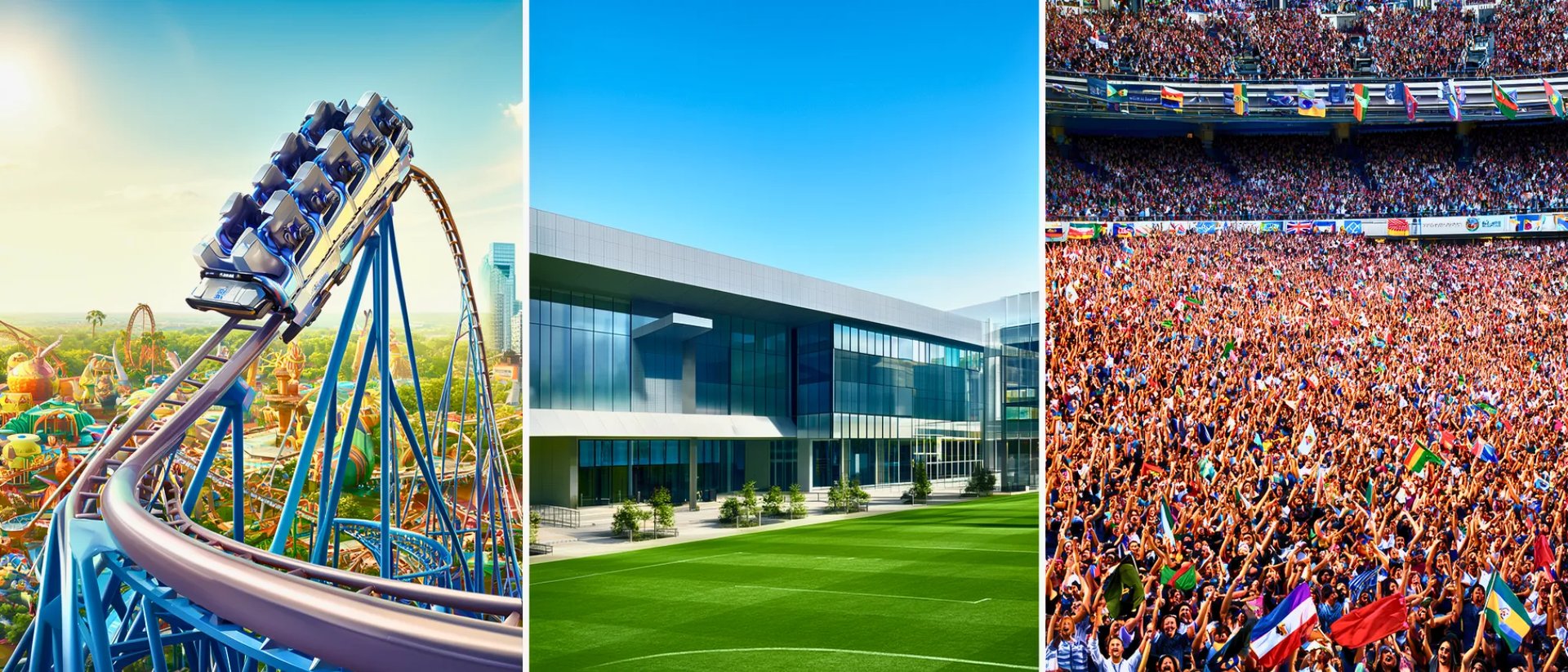 Three-panel split screen displaying a blue roller coaster, a modern museum, and a packed soccer stadium.