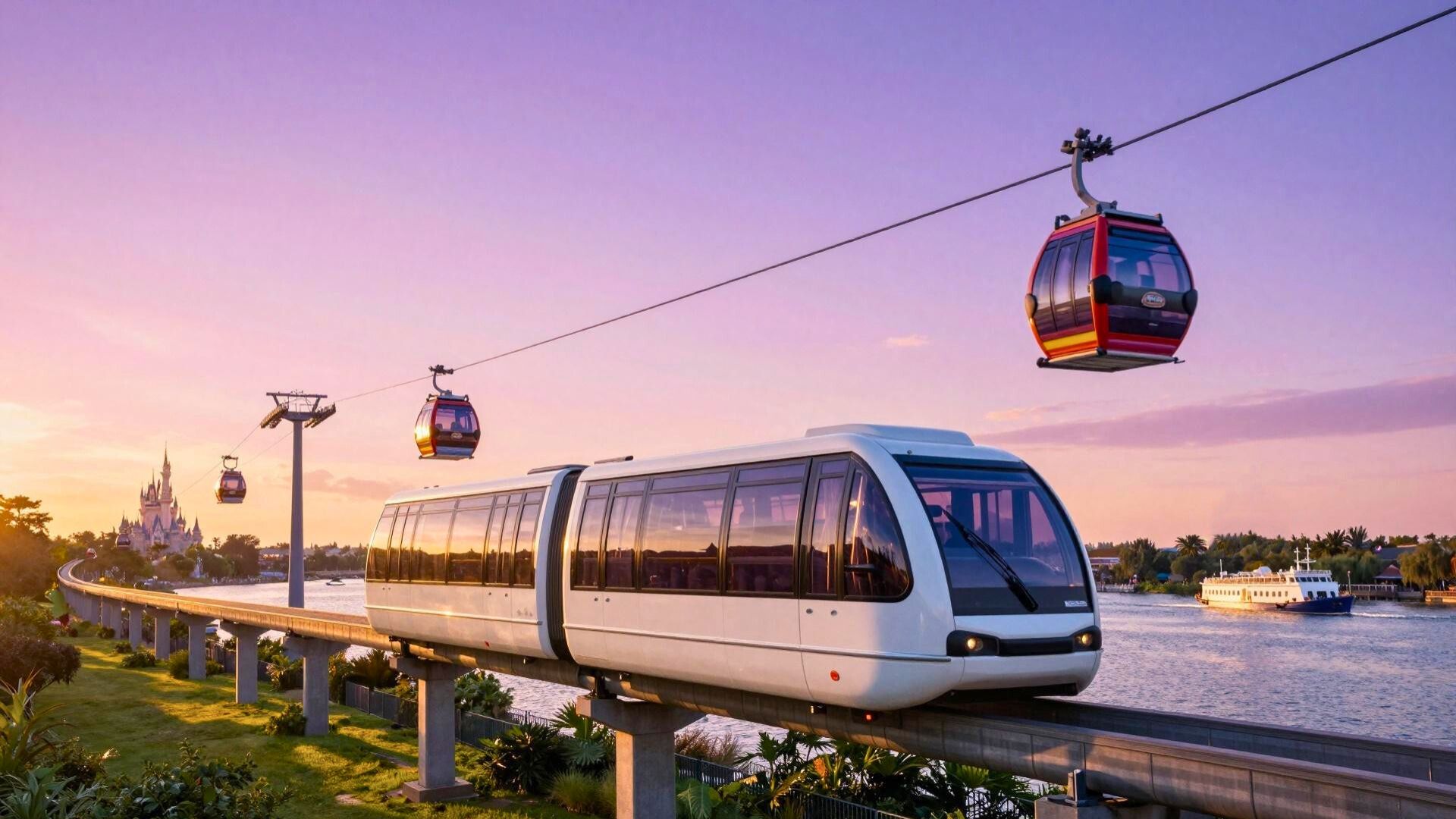 Disney World Monorail, Skyliner gondolas on cables, and a ferry boat at sunset.