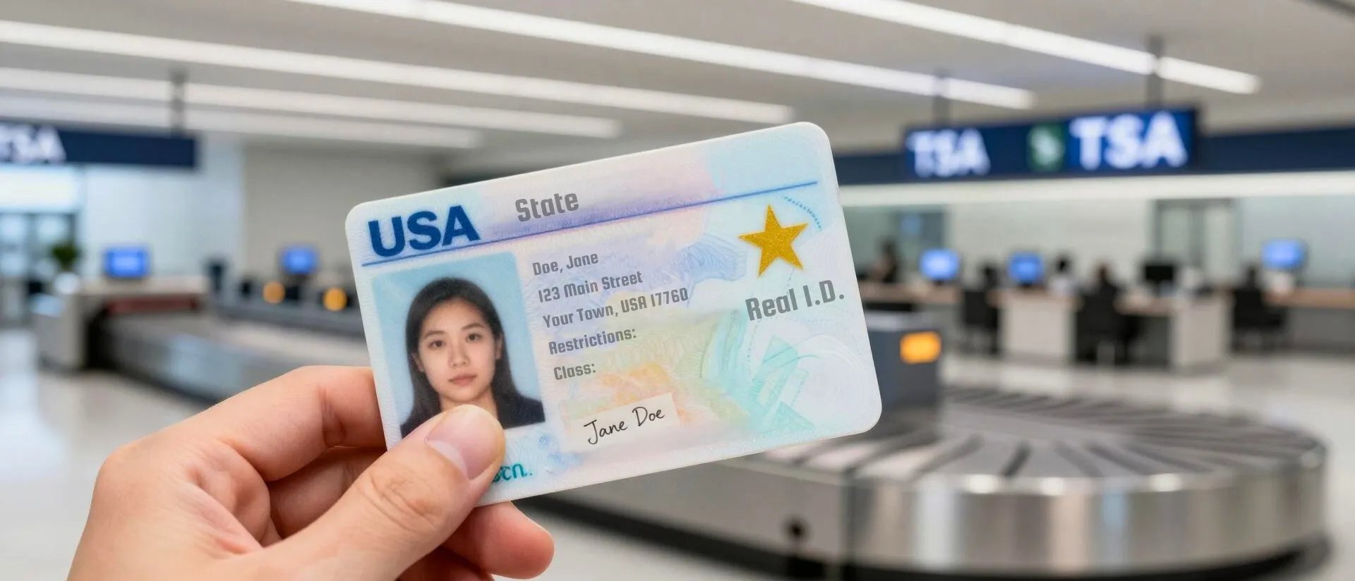 Hand holding a valid REAL ID-compliant U.S. Driver's License showing the gold star symbol, in front of a TSA checkpoint.