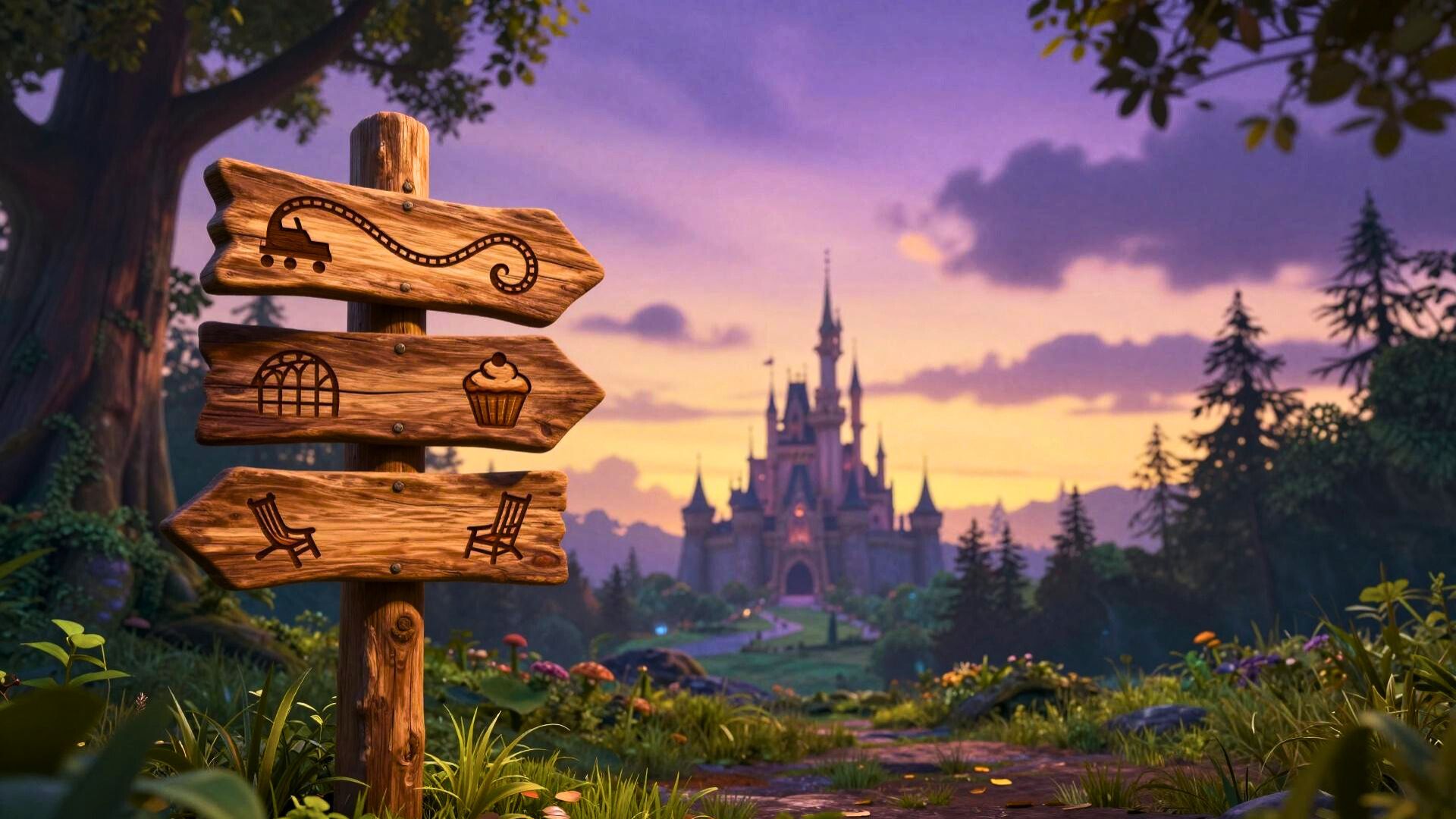 Whimsical wooden signpost pointing toward different vacation activities with a single castle in the distance.