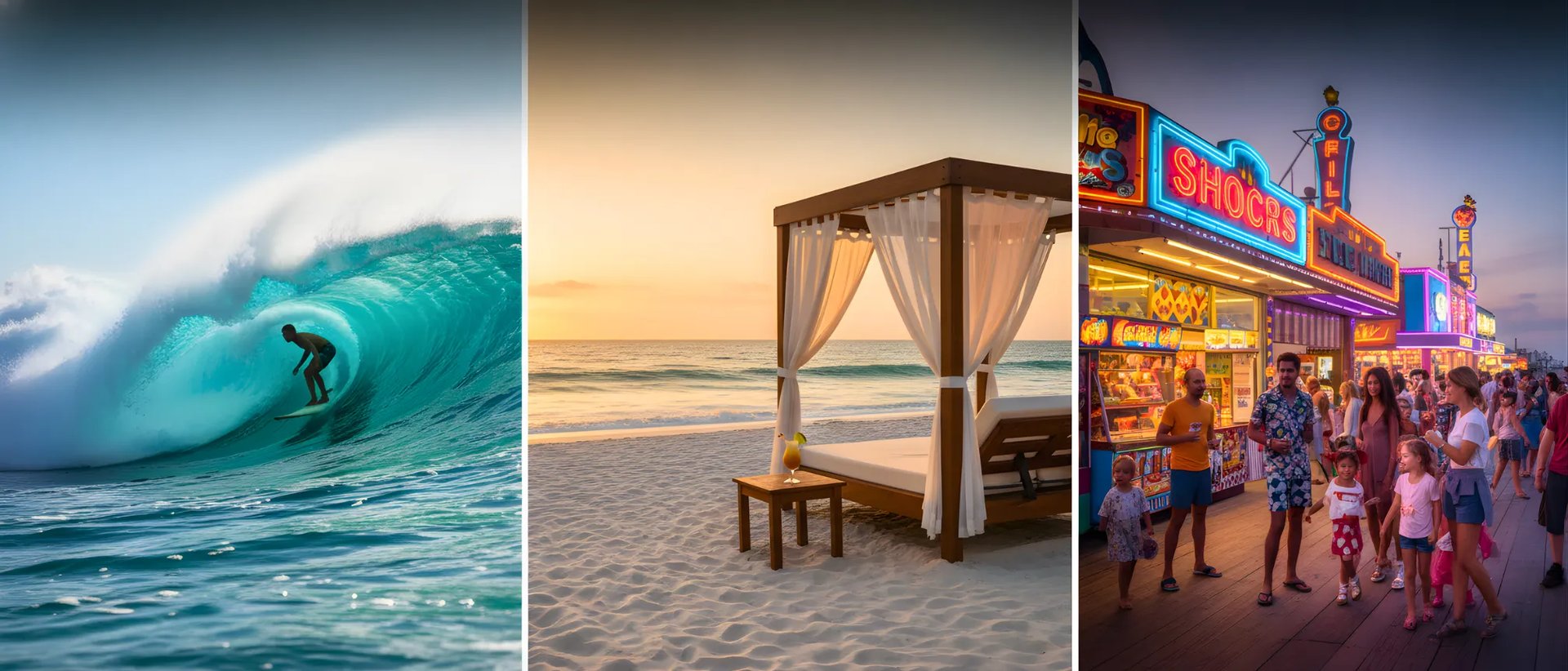 Split-screen showing a surfer on a wave, a sunset beach cabana, and a crowded neon boardwalk.