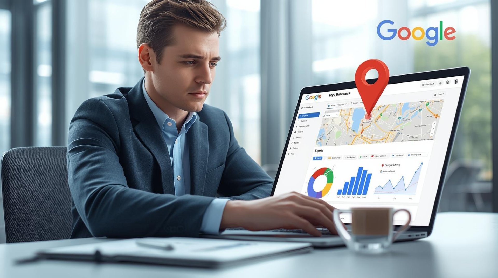 Profissional otimizando perfil no Google Meu Negócio com gráfico de crescimento