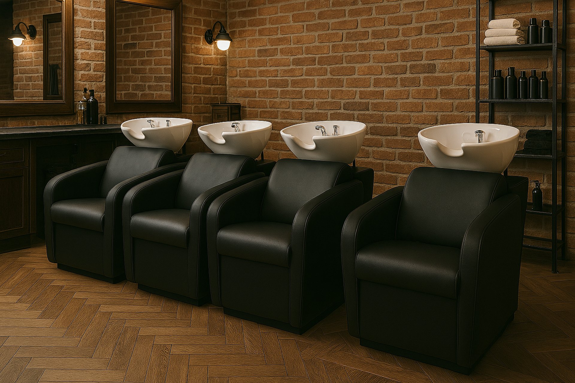 lavacabezas de barbería, mobiliario profesional de barbería, barbería vintage en uso, silla de barbería clásico