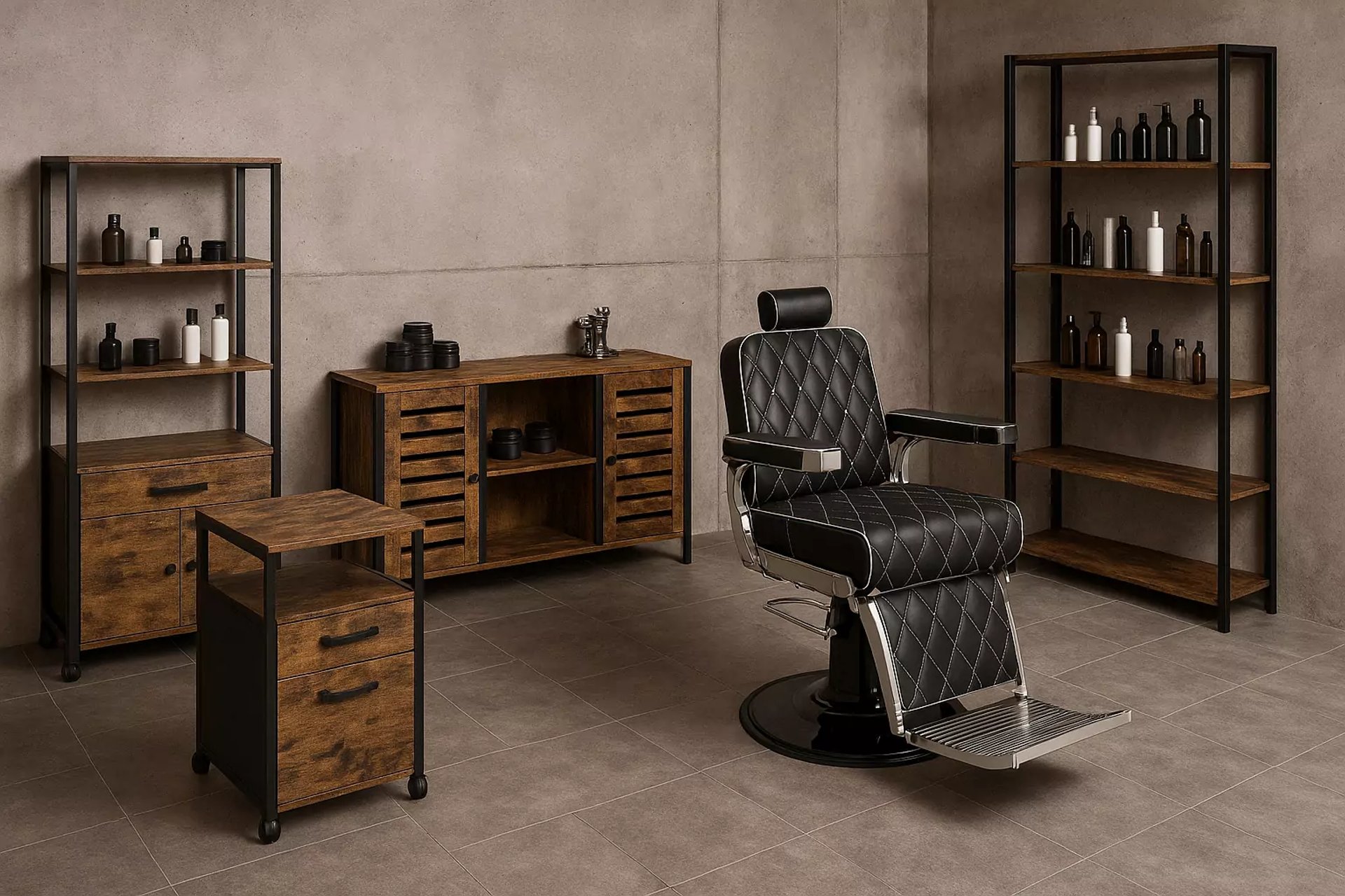 mueble técnico barbería, estanterías para barbería, mobiliario barbería, mobiliario barbero