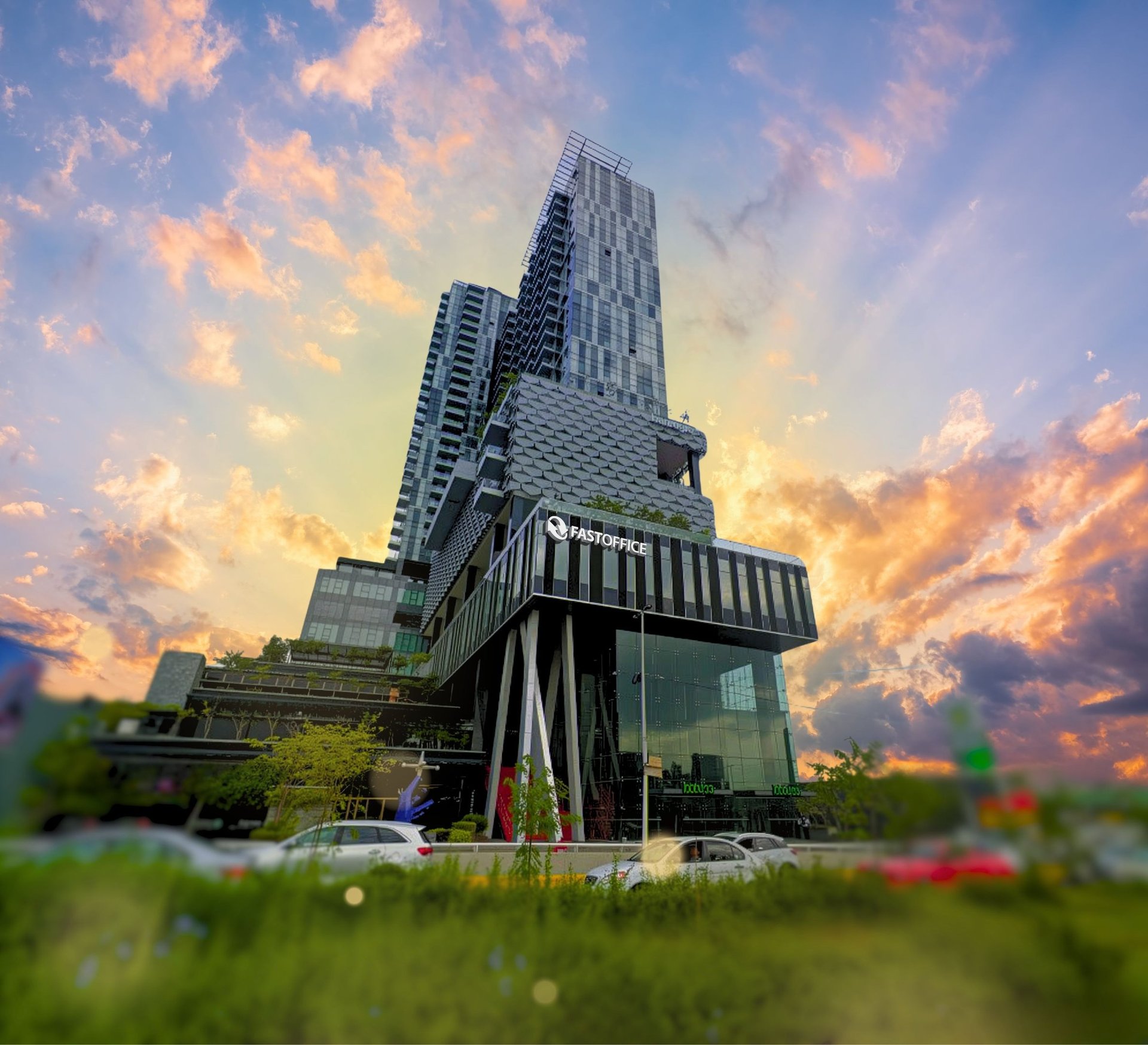 an abstract photo of a curved building with a blue sky in the background
