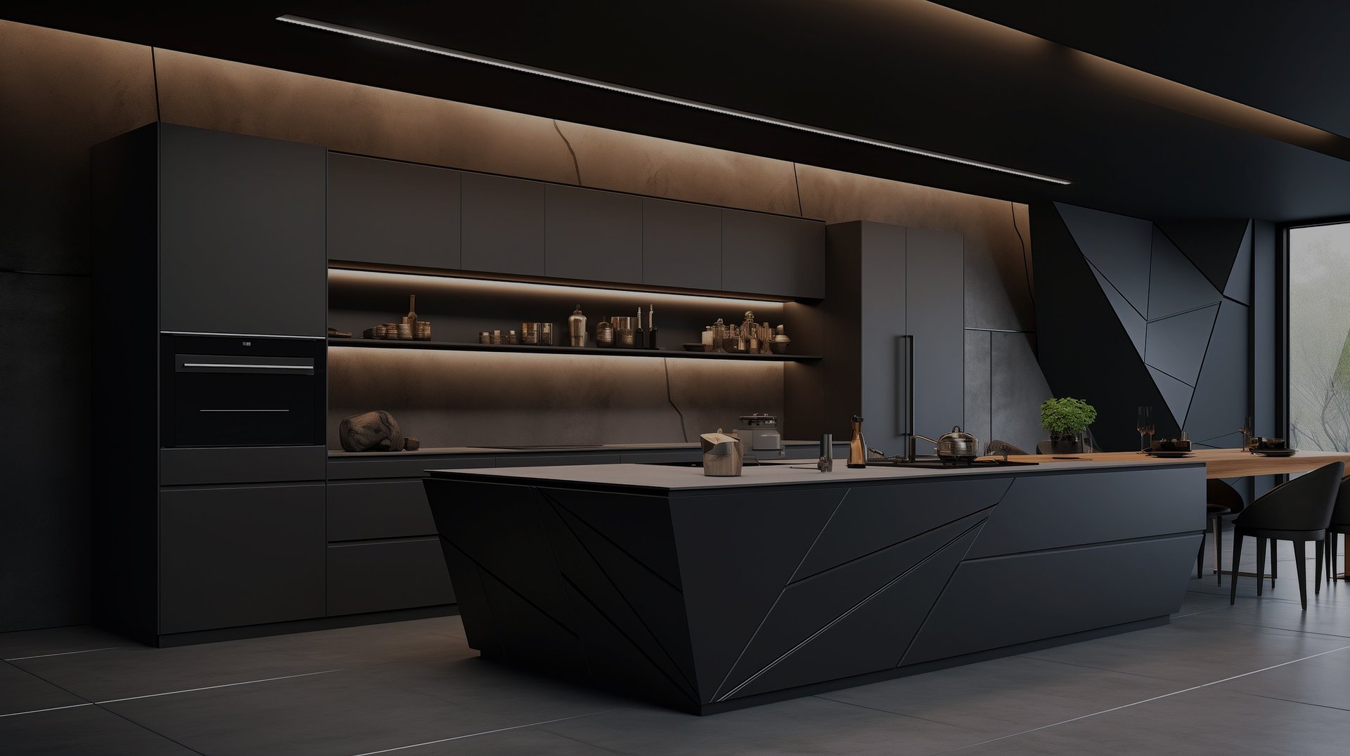 a kitchen with a plant on the counter