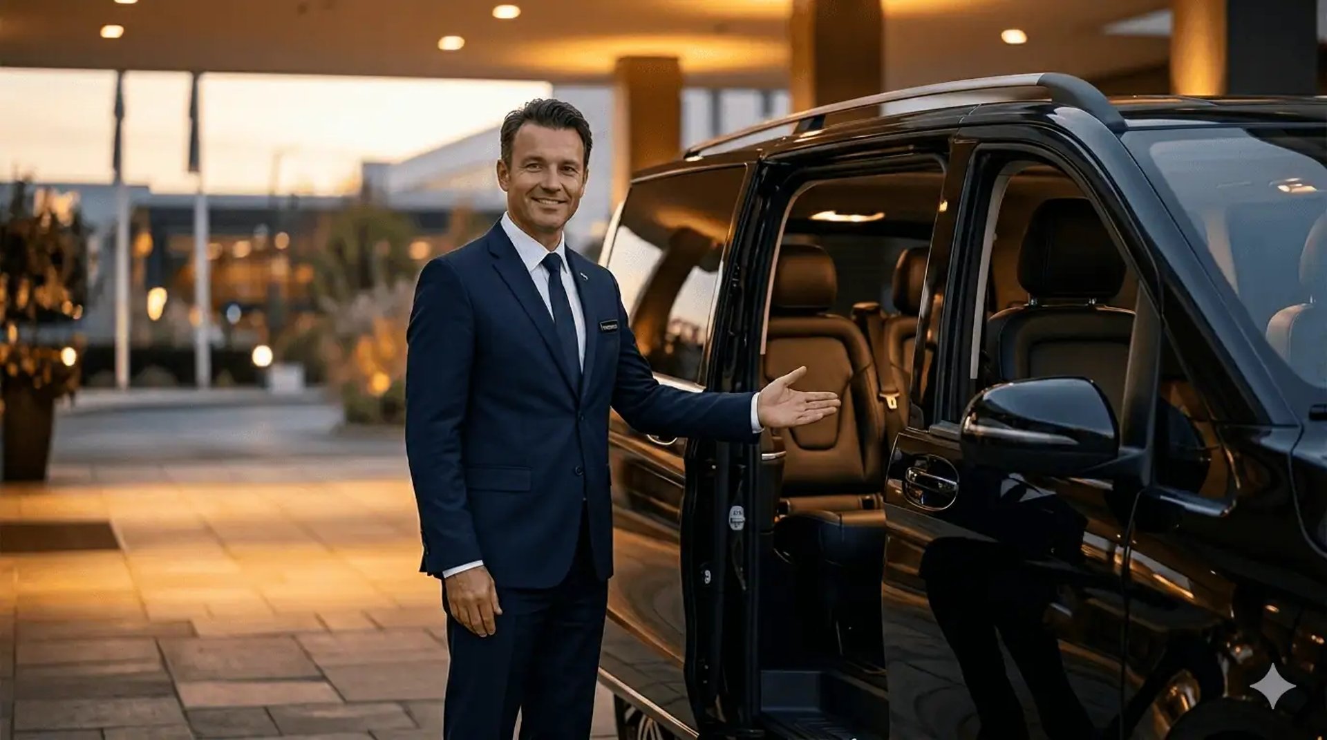Professional chauffeur in dark suit welcoming passengers to a black Mercedes at Athens airport  Athens GO Transfers premium 