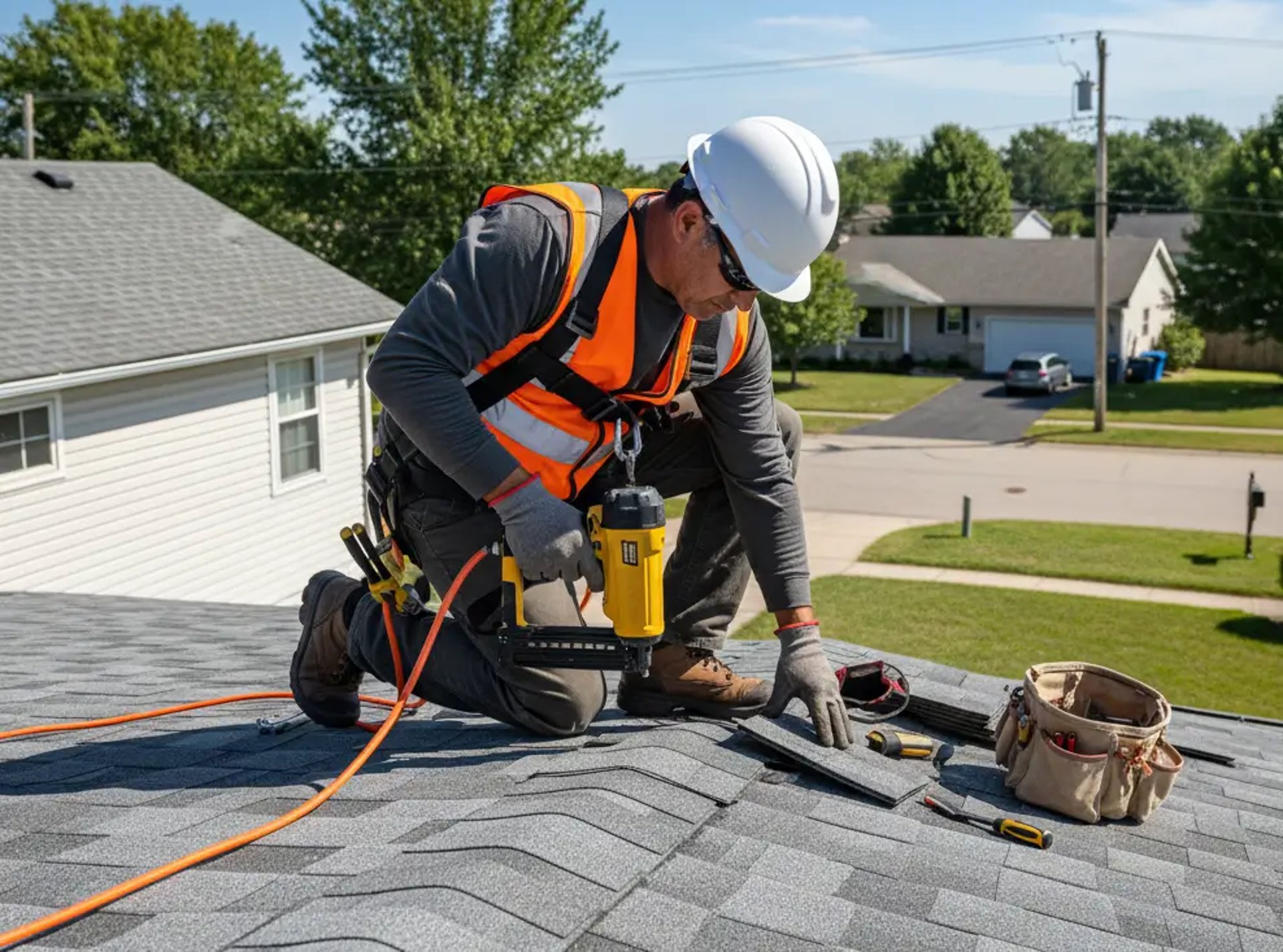professional roofer repairing shingles on a suburban home roof,