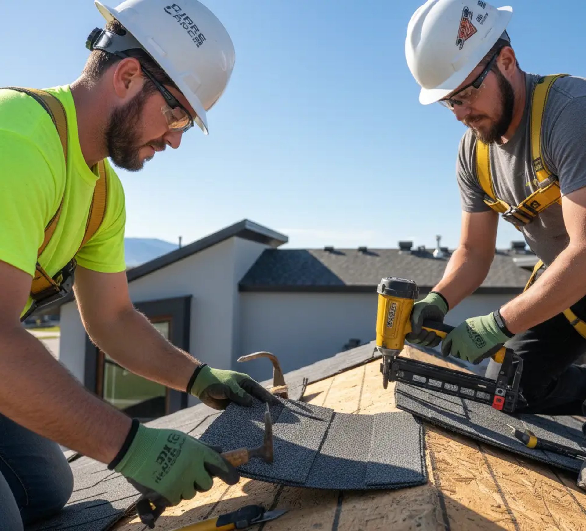 two men working on roof replacement