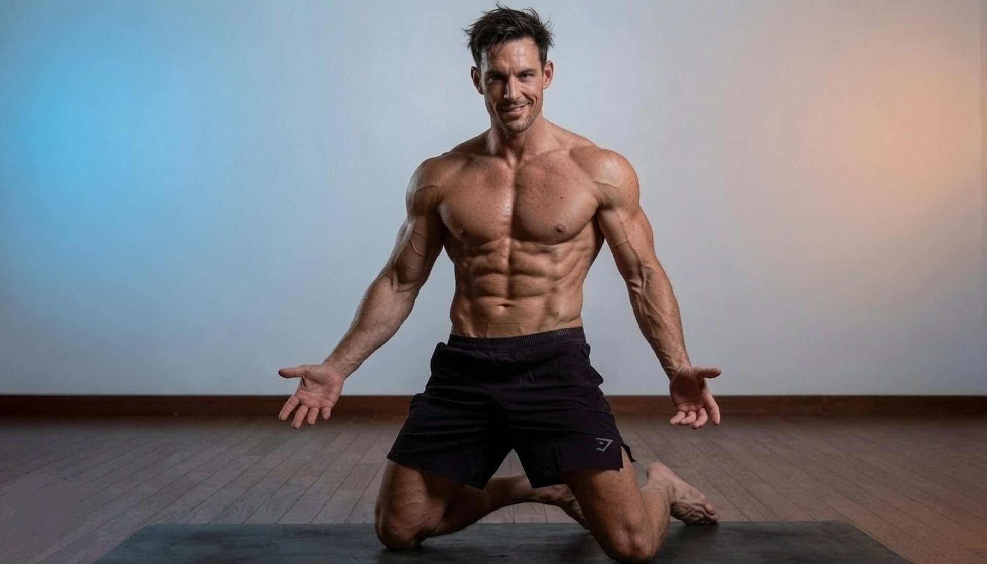 shredded man abs  live daily morning Zoom classes.