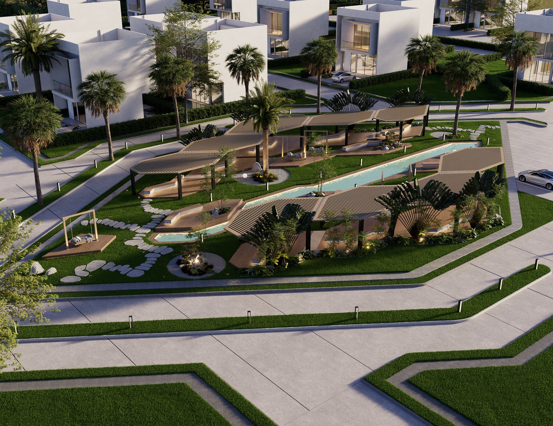 an abstract photo of a curved building with a blue sky in the background