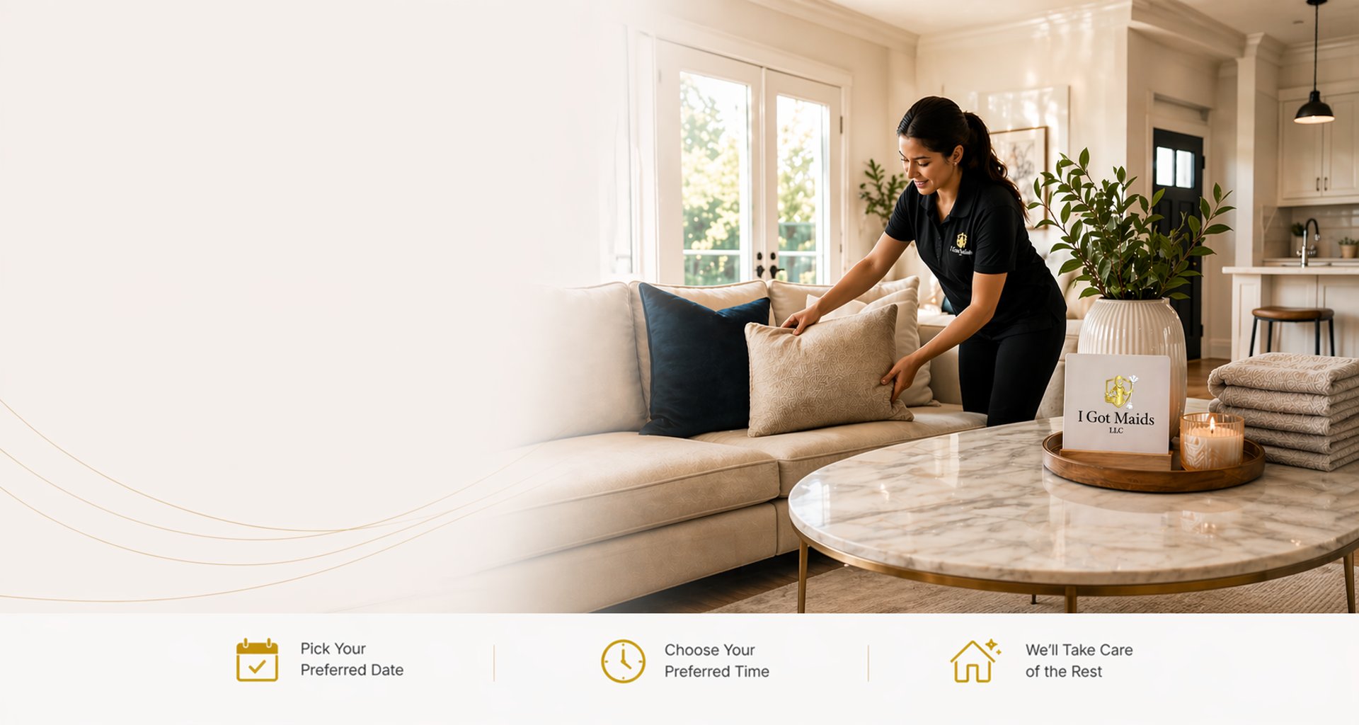 Bright, spotless living room interior showcasing professional residential cleaning services by I Got Maids in St. Louis