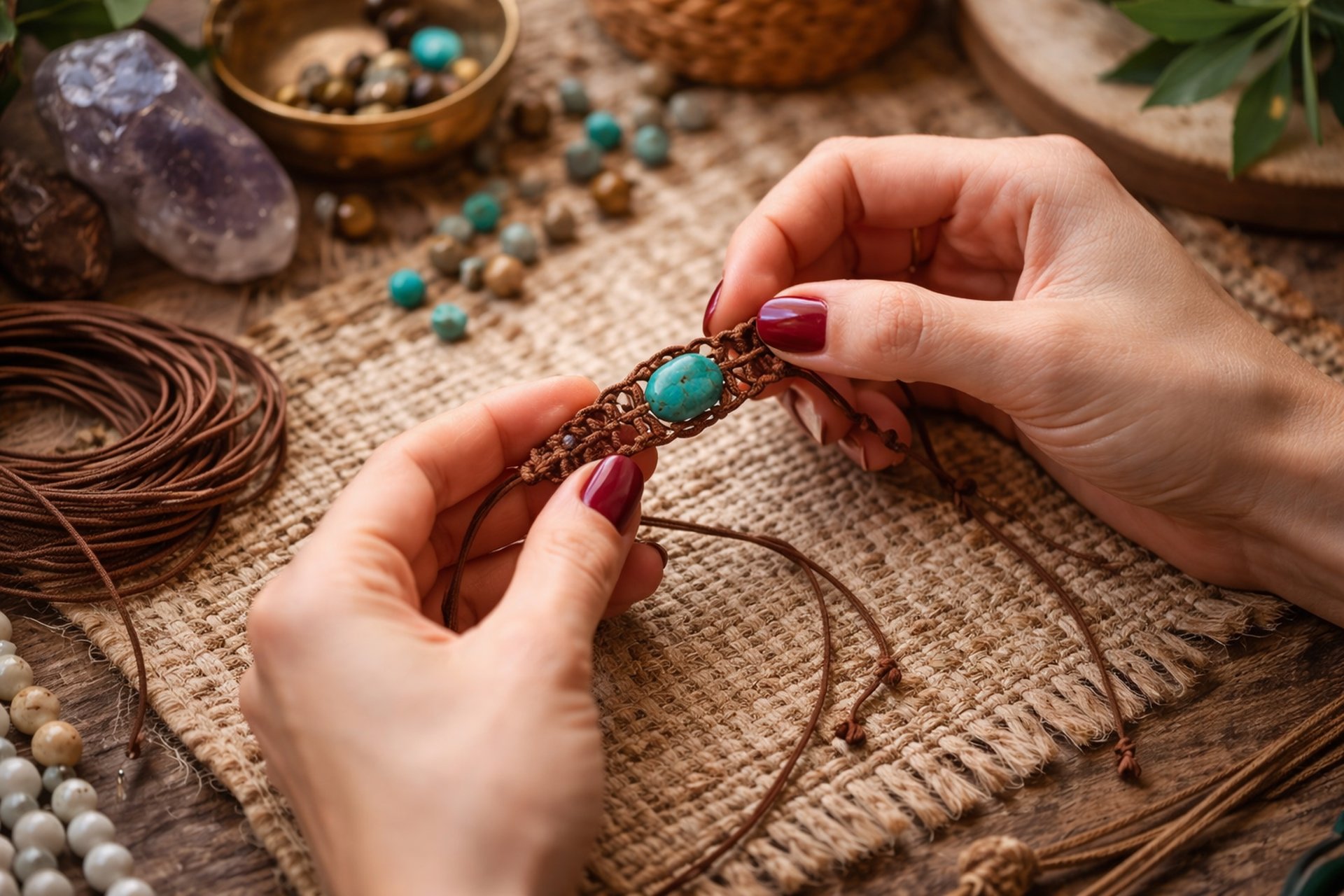 Pulsera tejida de macramé con una turquesa en el centro